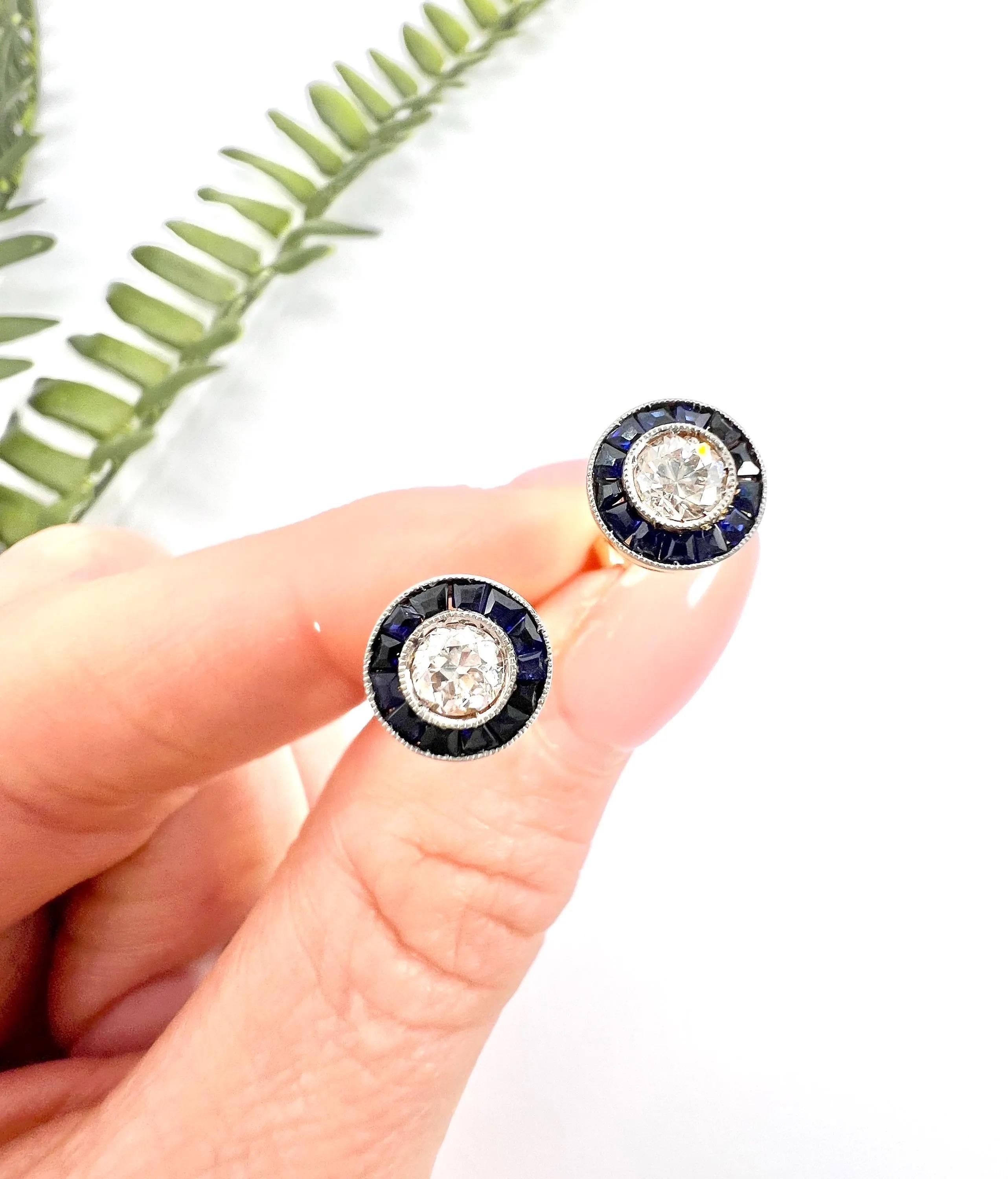 18ct Yellow Gold & Platinum 1920s Art Deco Sapphire Diamond Target Stud Earrings For Sale 6