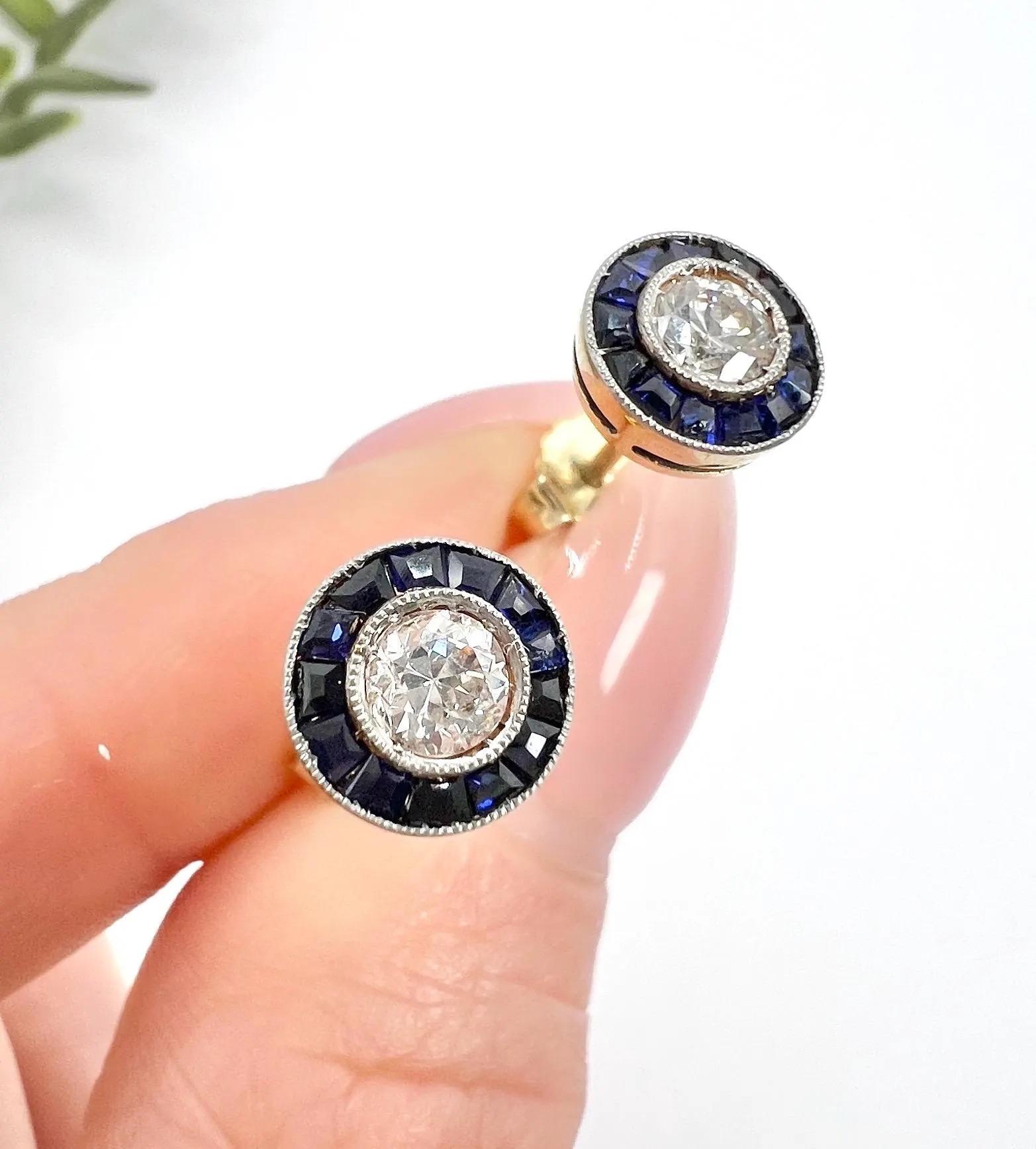 Women's or Men's 18ct Yellow Gold & Platinum 1920s Art Deco Sapphire Diamond Target Stud Earrings For Sale