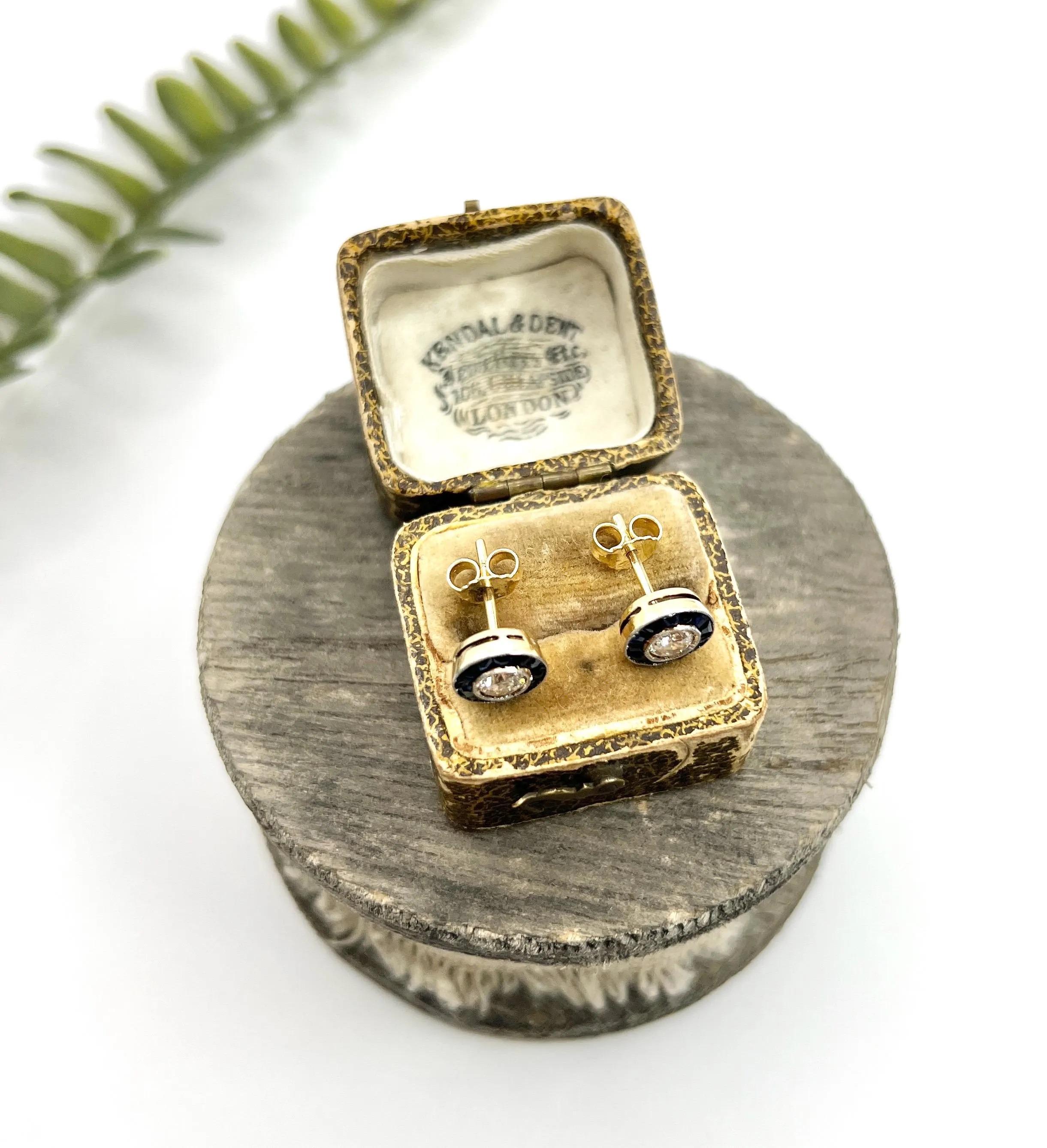 18ct Yellow Gold & Platinum 1920s Art Deco Sapphire Diamond Target Stud Earrings For Sale 1