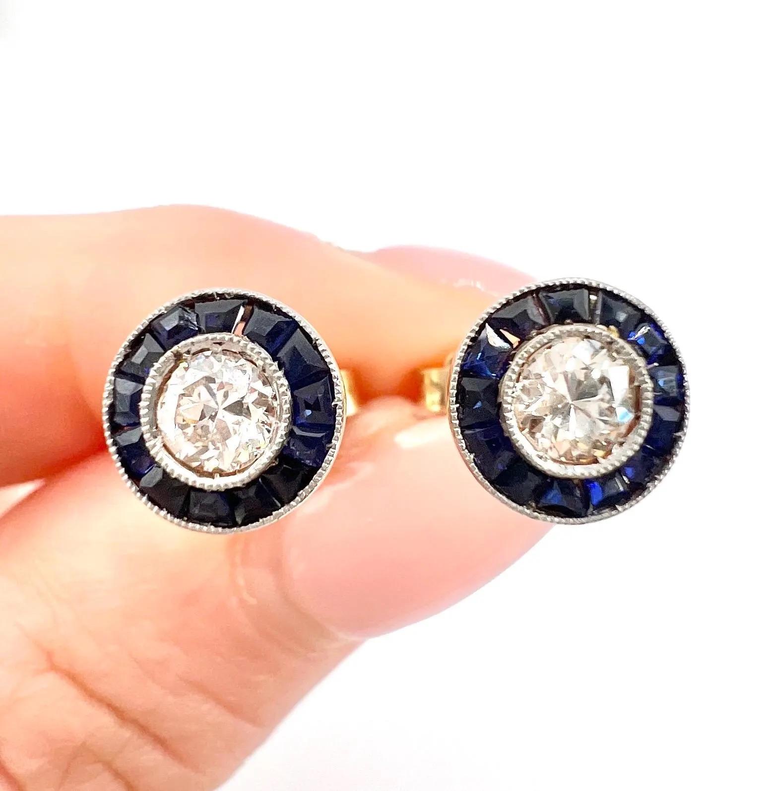 18ct Yellow Gold & Platinum 1920s Art Deco Sapphire Diamond Target Stud Earrings For Sale 2