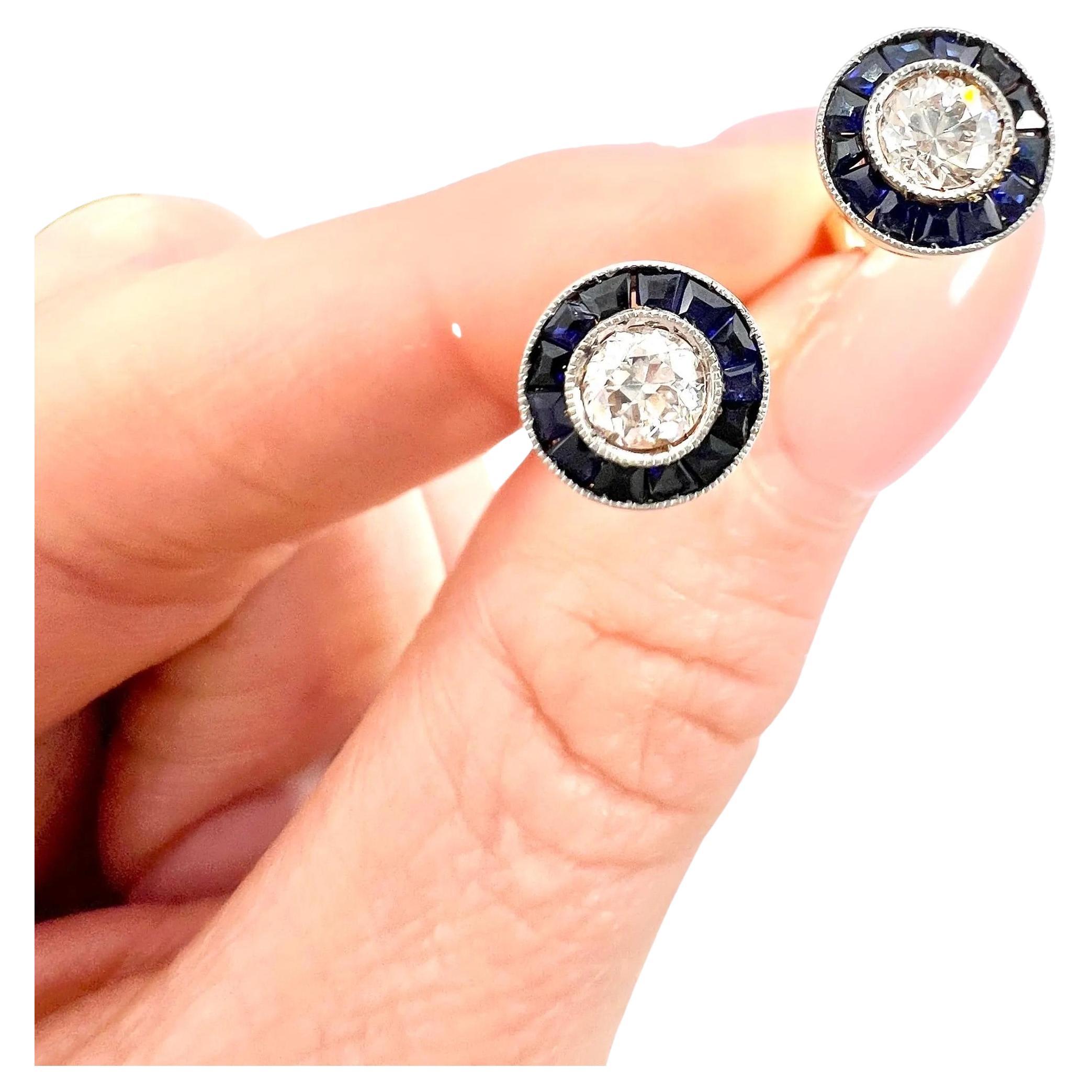 18ct Yellow Gold & Platinum 1920s Art Deco Sapphire Diamond Target Stud Earrings