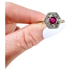 Antique 18ct Yellow Gold & Platinum Edwardian Ruby Diamond Hexagonal Star Set Ring