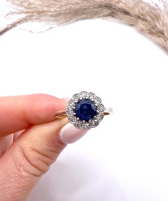 18ct Yellow Gold & Platinum, Edwardian Sapphire and Diamond Daisy Cluster Ring