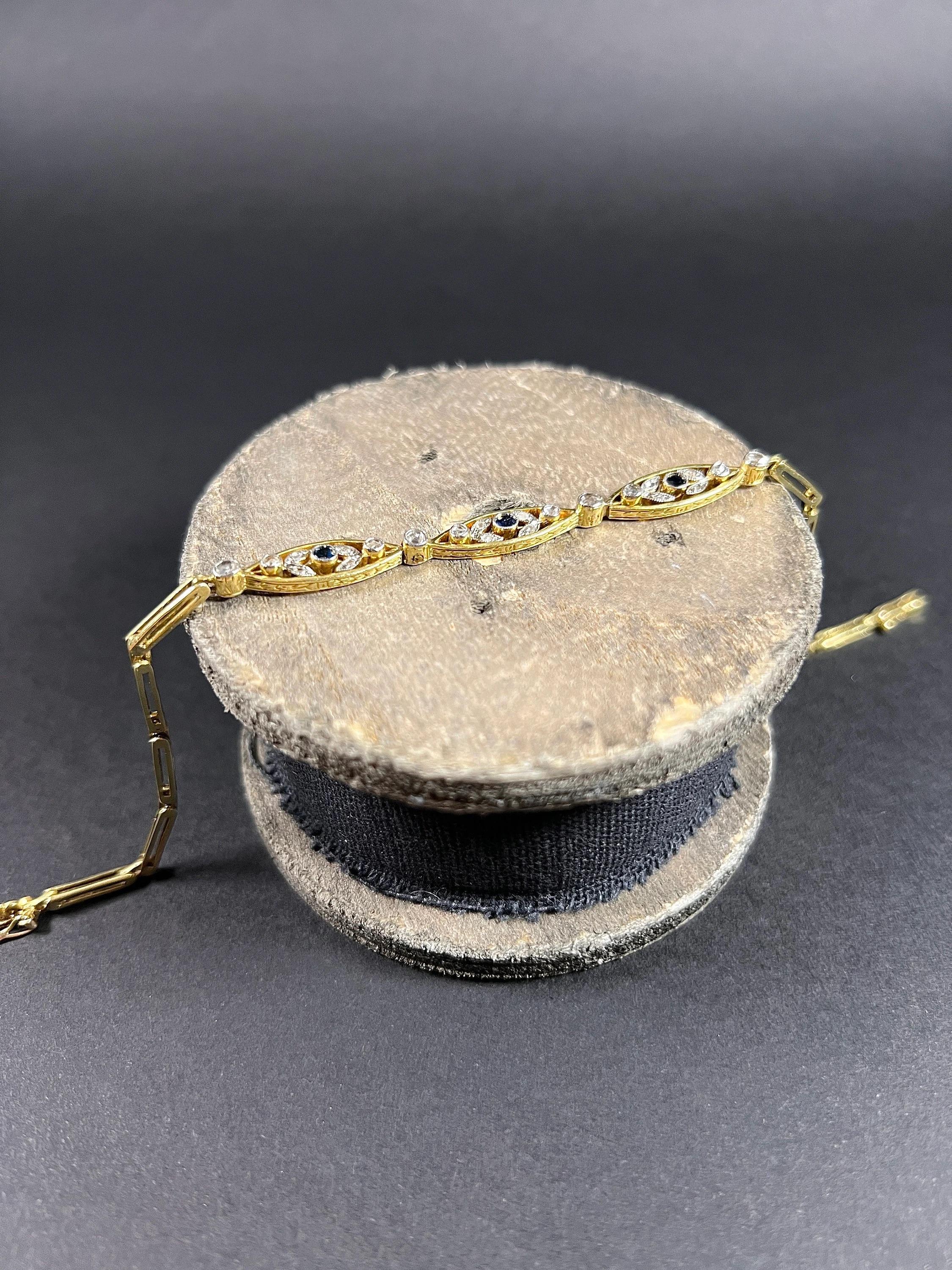 Bracelet Edwardien en or jaune 18ct et platine, saphir diamant fantaisie A Link Bon état - En vente à Brighton, GB