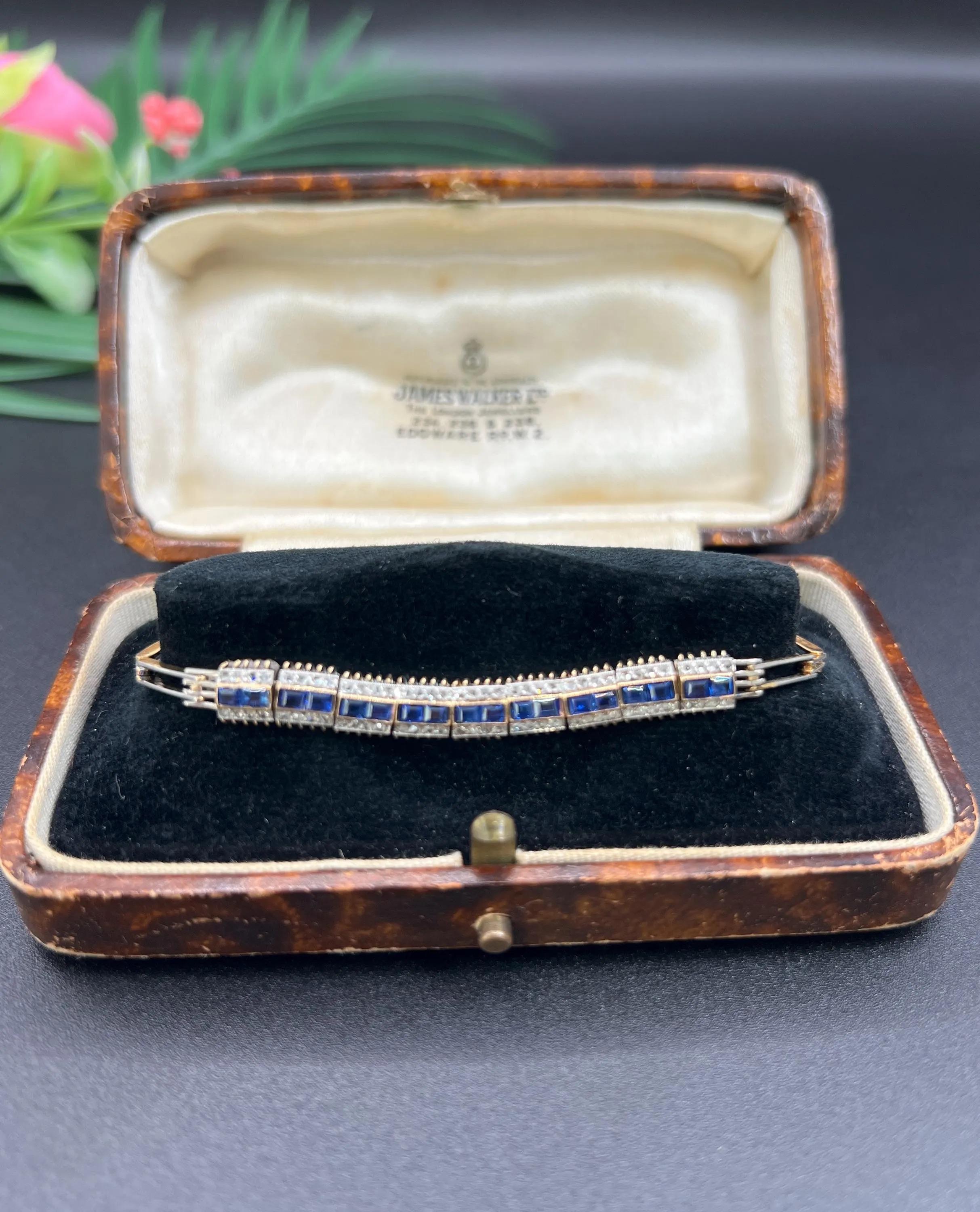 Femenino o masculino Pulsera francesa eduardiana de oro amarillo de 18 ct y platino con zafiro y diamantes en venta