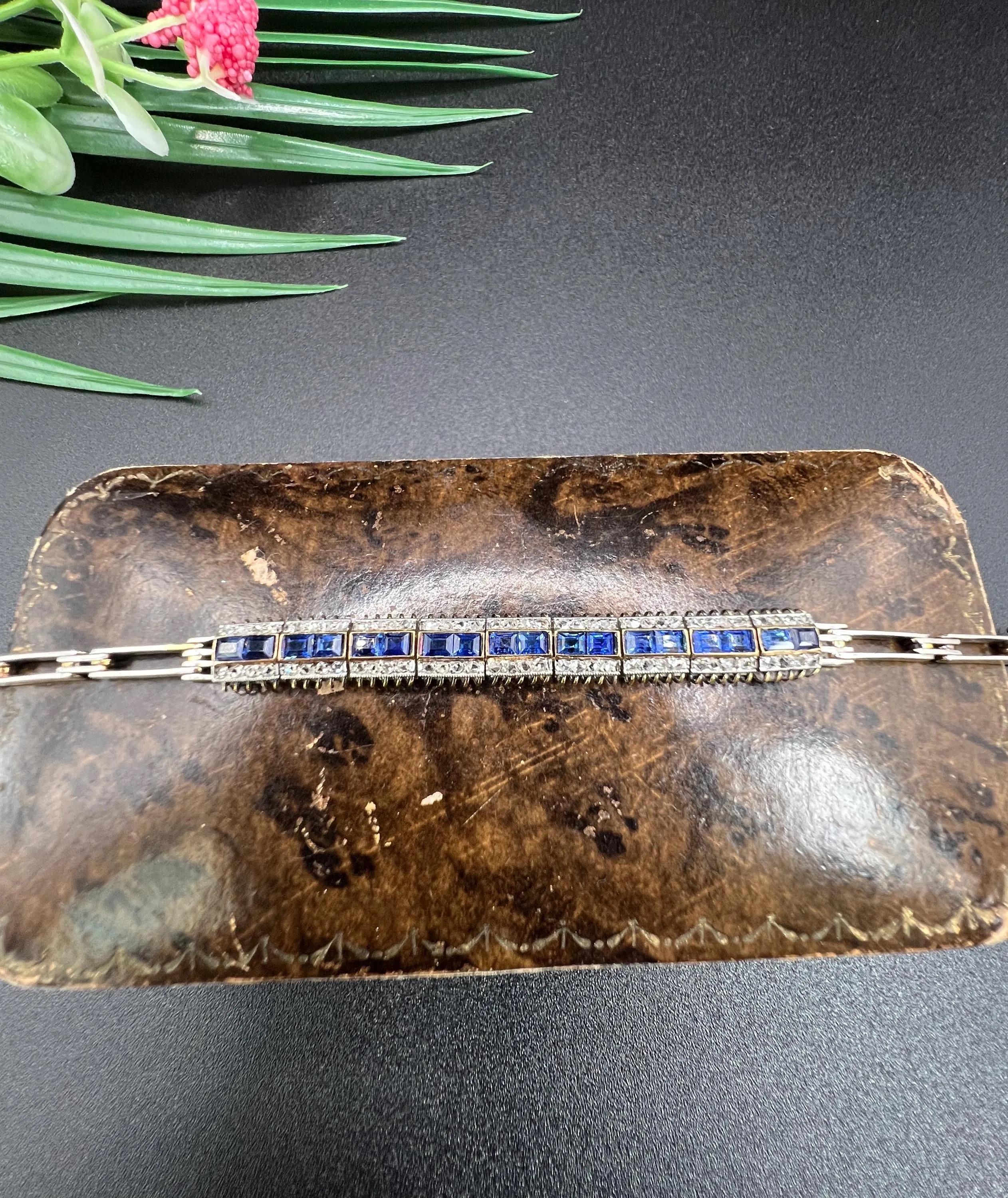 Pulsera francesa eduardiana de oro amarillo de 18 ct y platino con zafiro y diamantes en venta 1