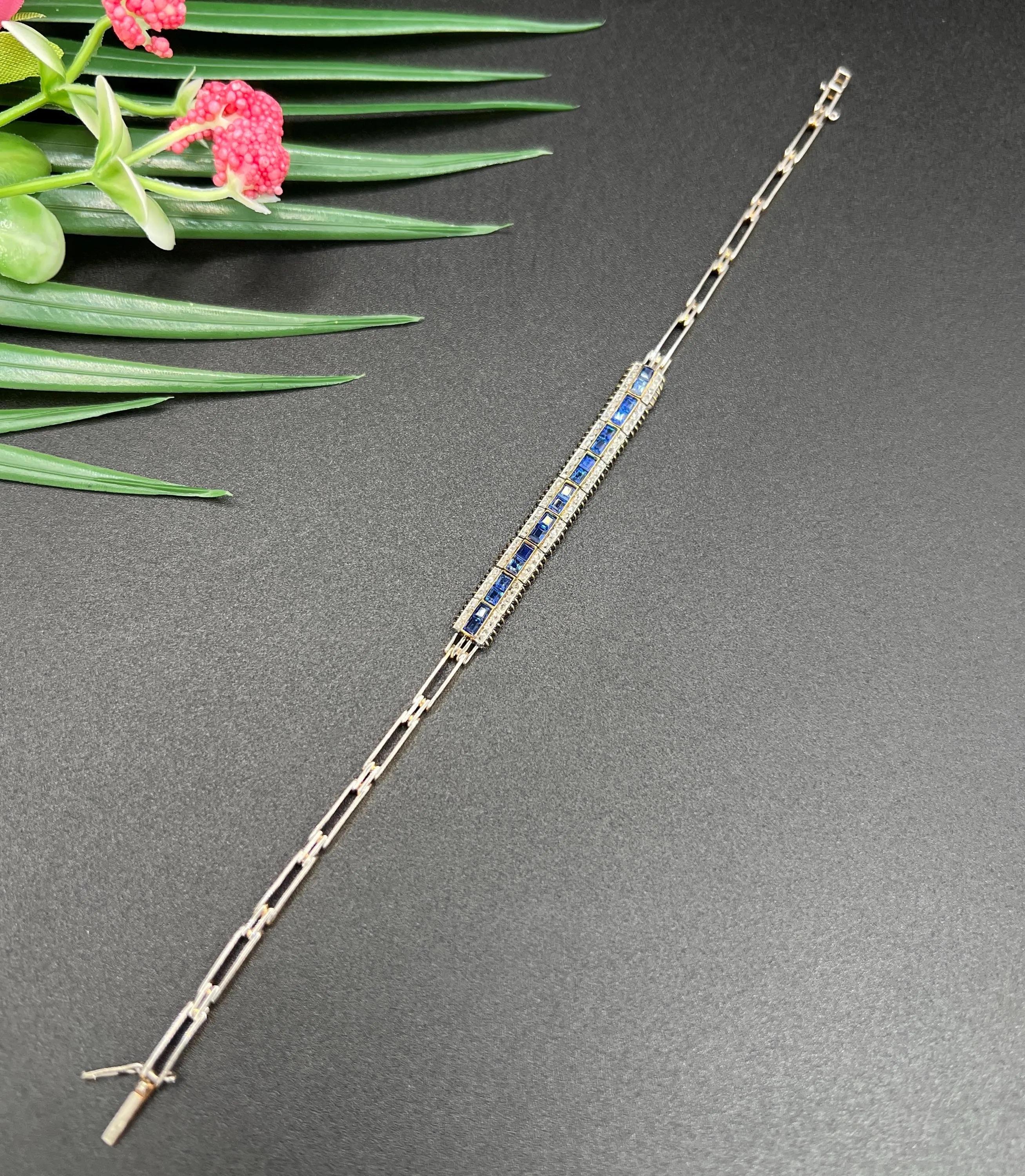 Pulsera francesa eduardiana de oro amarillo de 18 ct y platino con zafiro y diamantes en venta 2