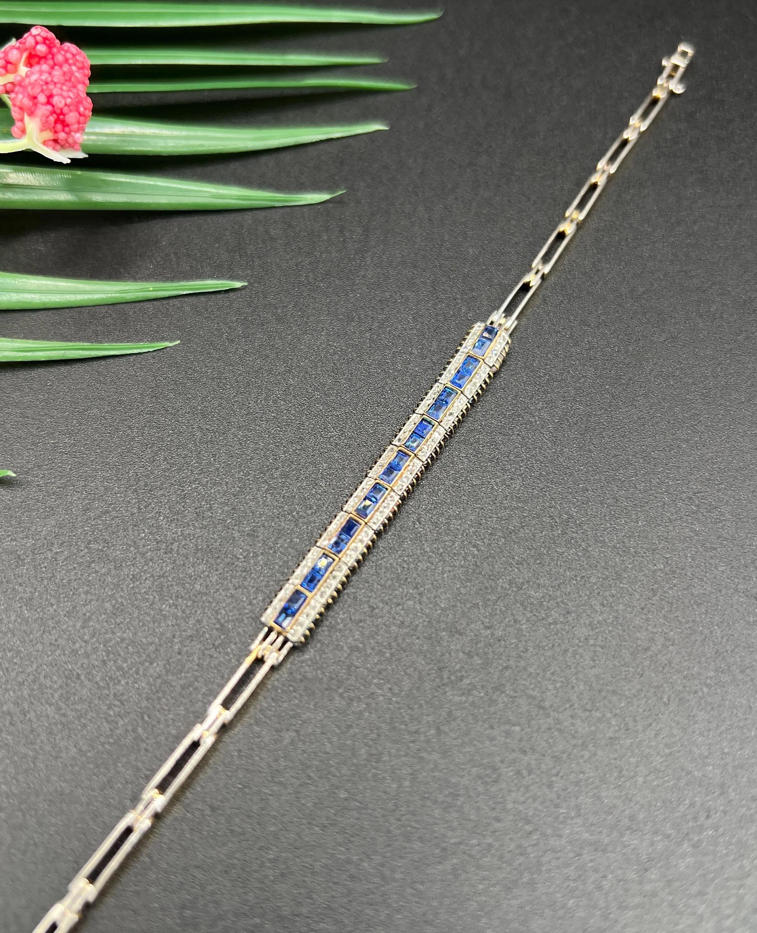 Pulsera francesa eduardiana de oro amarillo de 18 ct y platino con zafiro y diamantes en venta 3