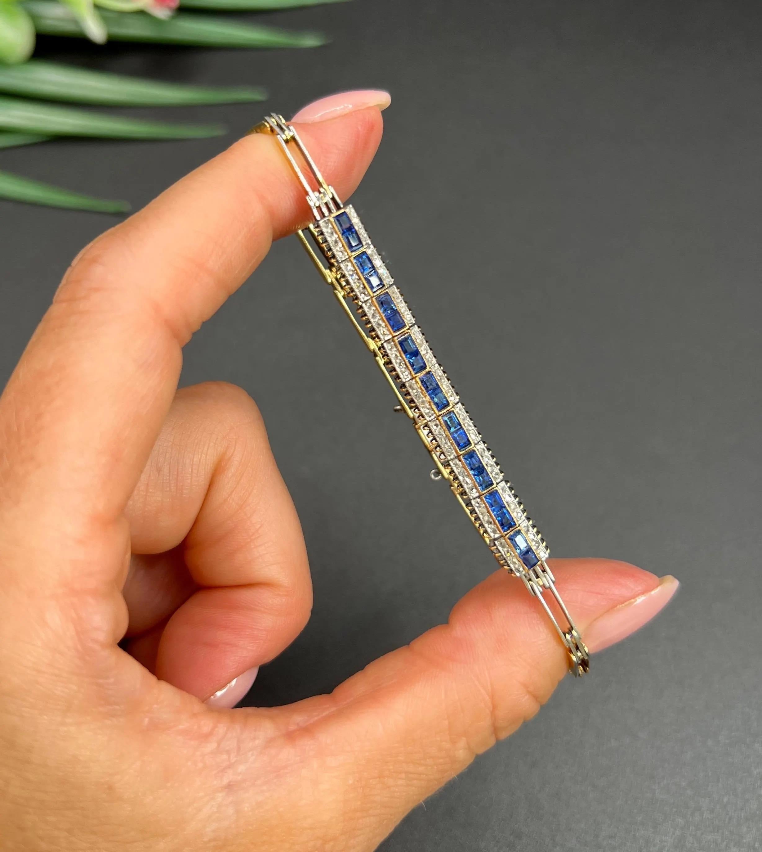 Pulsera francesa eduardiana de oro amarillo de 18 ct y platino con zafiro y diamantes en venta 4