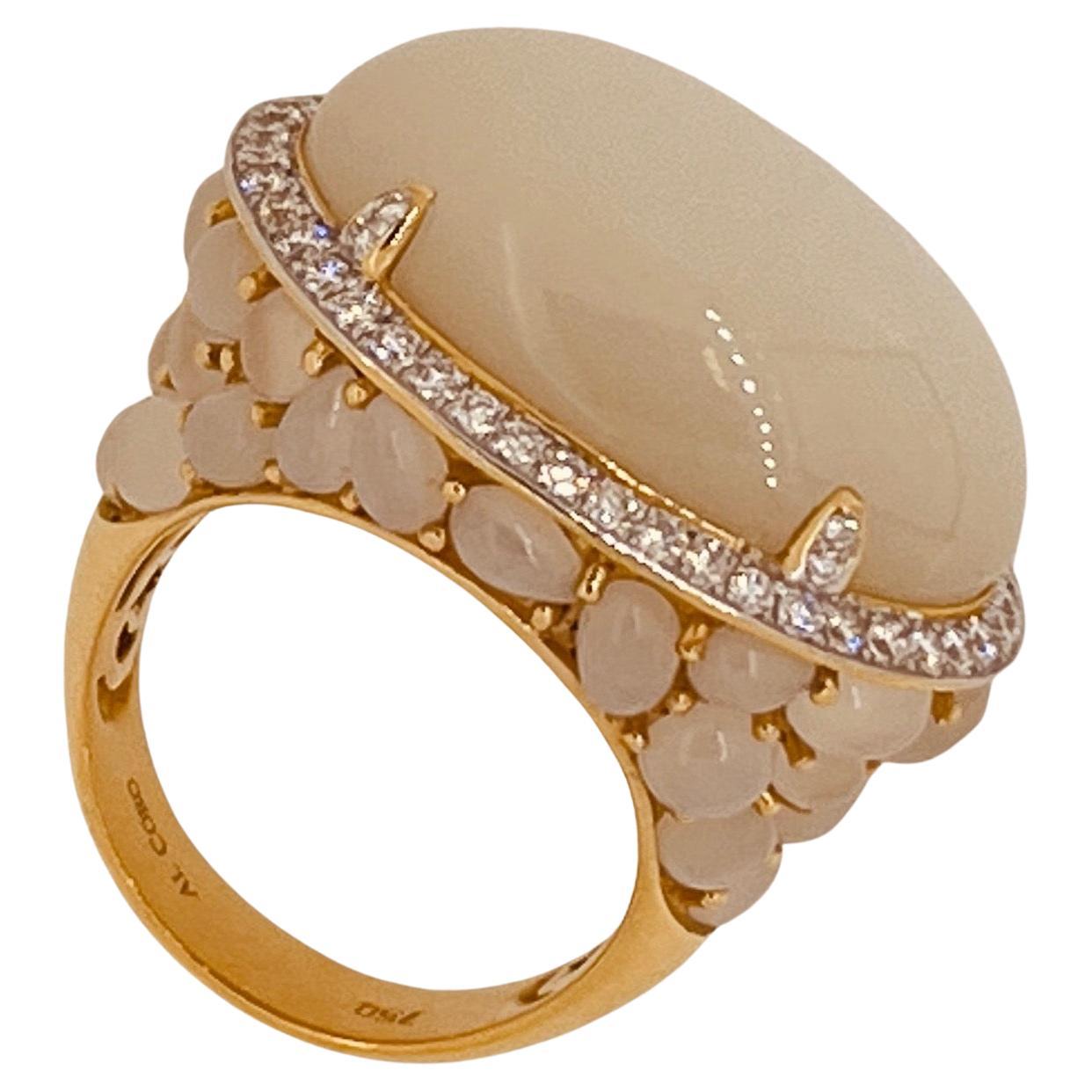 18ct Yellow Gold Ring Set With A Moonstone Cabochon Surrounded By 80ct Diamonds For Sale