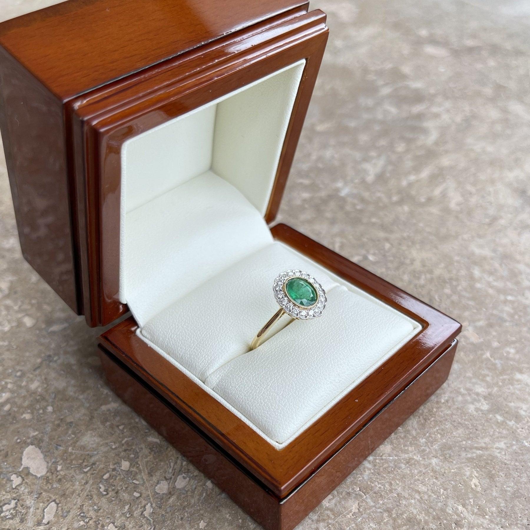 For Sale:  18ct Yellow Gold Ring with 1.10ct Emerald and Diamond 9