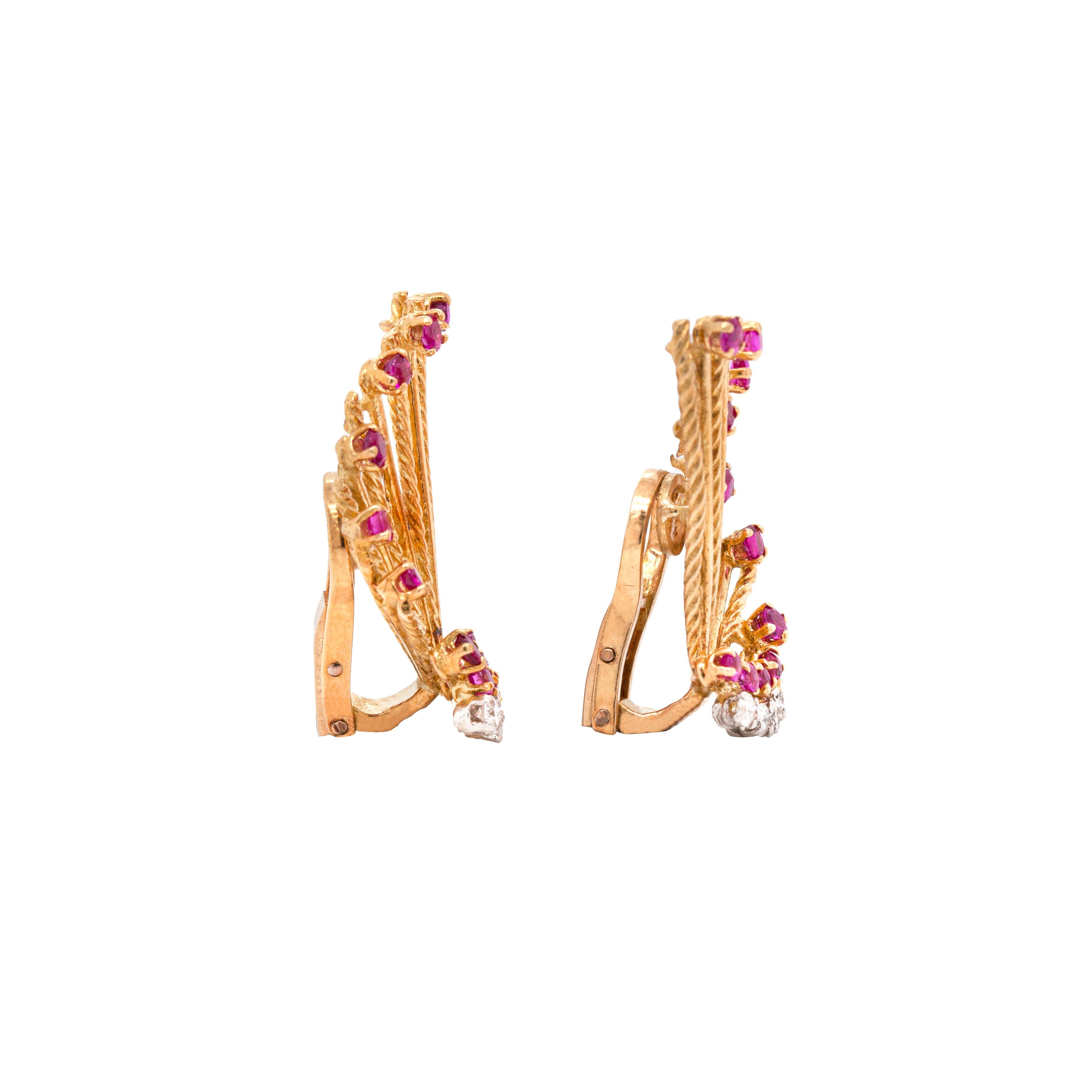 Retro 18ct Yellow Gold Ruby and Diamond Kutchinsky Vintage Spray Clip-on Earrings