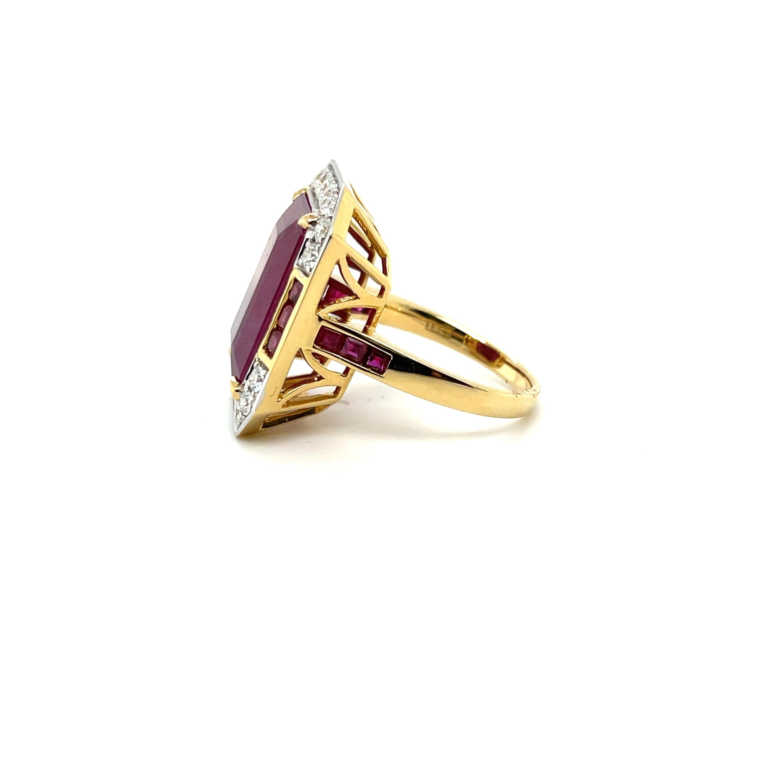 Gorgeous Ruby and Diamond ring , beautifully crafted in eighteen karat yellow gold , complimented by a stunning polished finish design. 

One ladies - 18ct yellow gold dress ring, narrow, low half round, tapered shank with open
back, 4 claw setting
