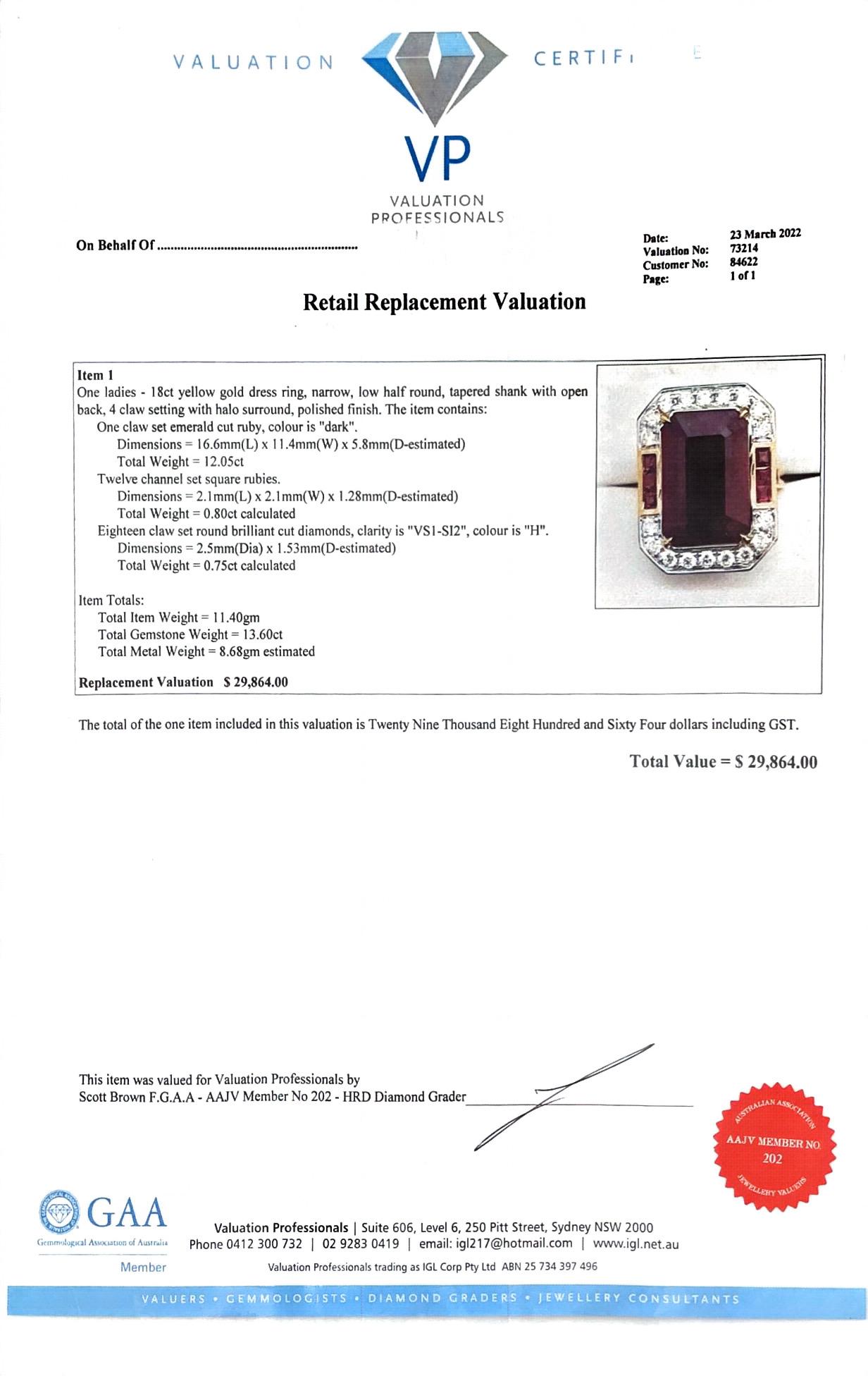 Emerald Cut 18ct Yellow Gold Ruby and Diamond Ring For Sale