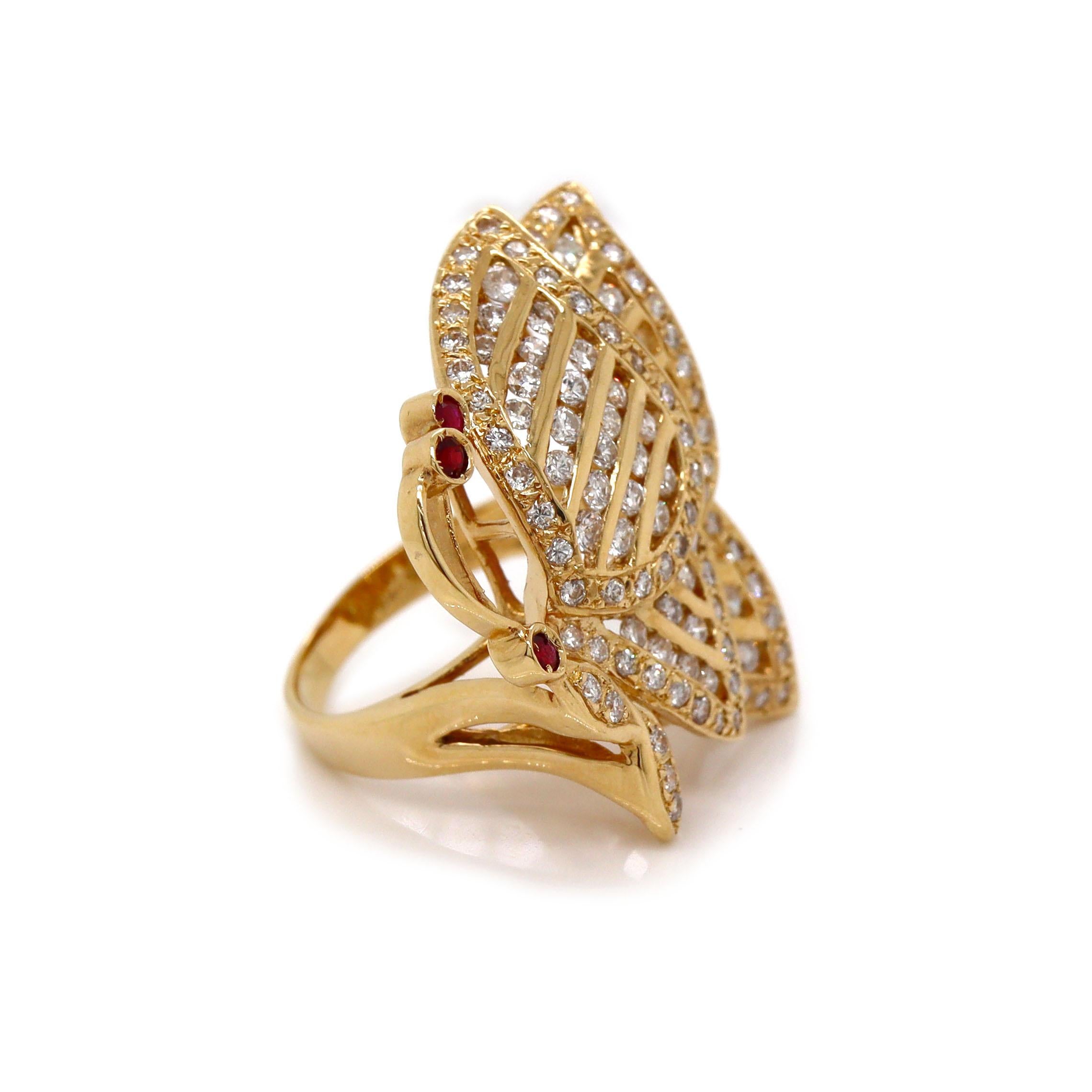 Round Cut 18ct Yellow Gold Ruby & Diamond Butterfly Ring For Sale
