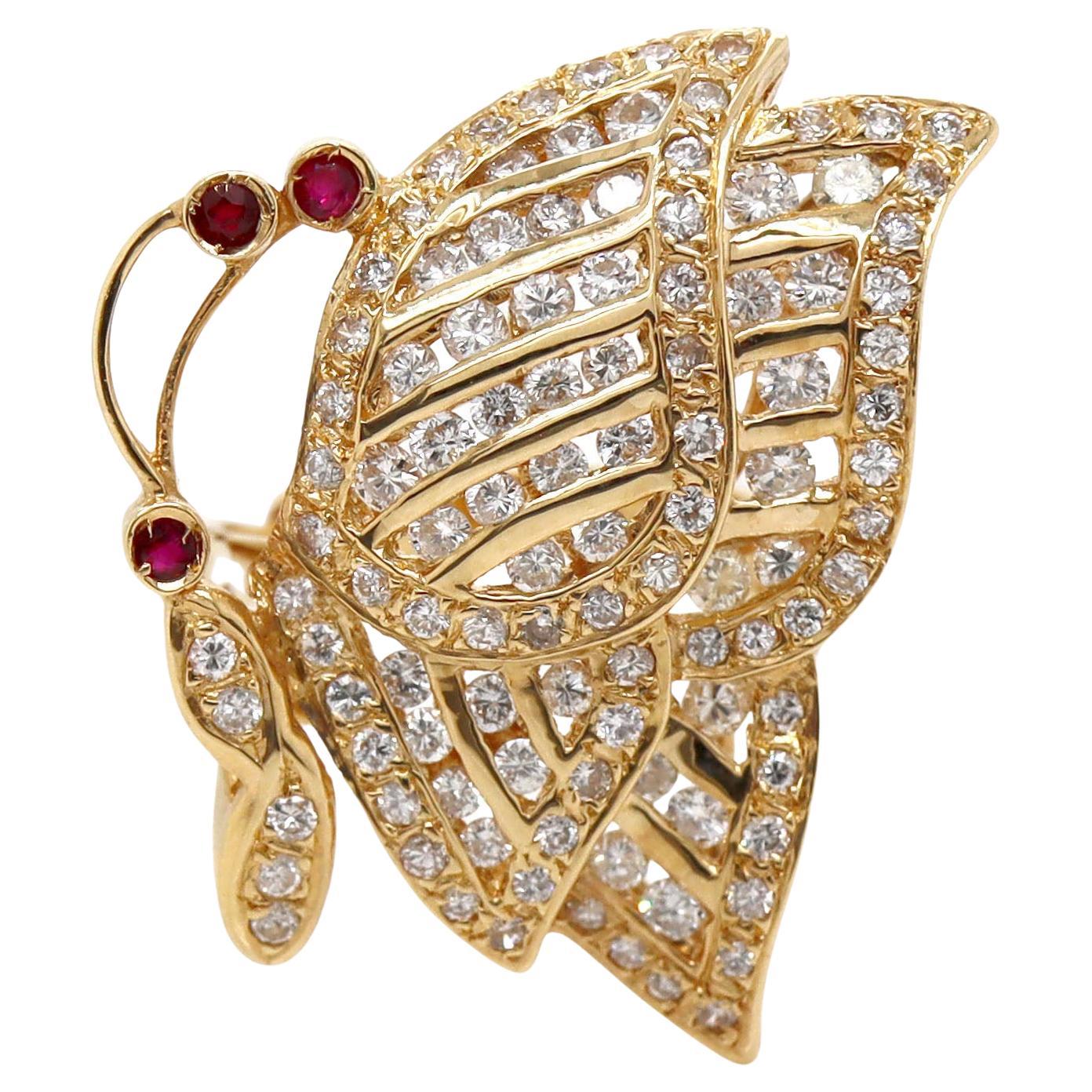 18ct Yellow Gold Ruby & Diamond Butterfly Ring