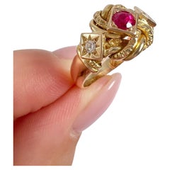 Antique 18ct Yellow Gold Ruby & Diamond Fancy Knot Ring, Hallmarked Birmingham 1916