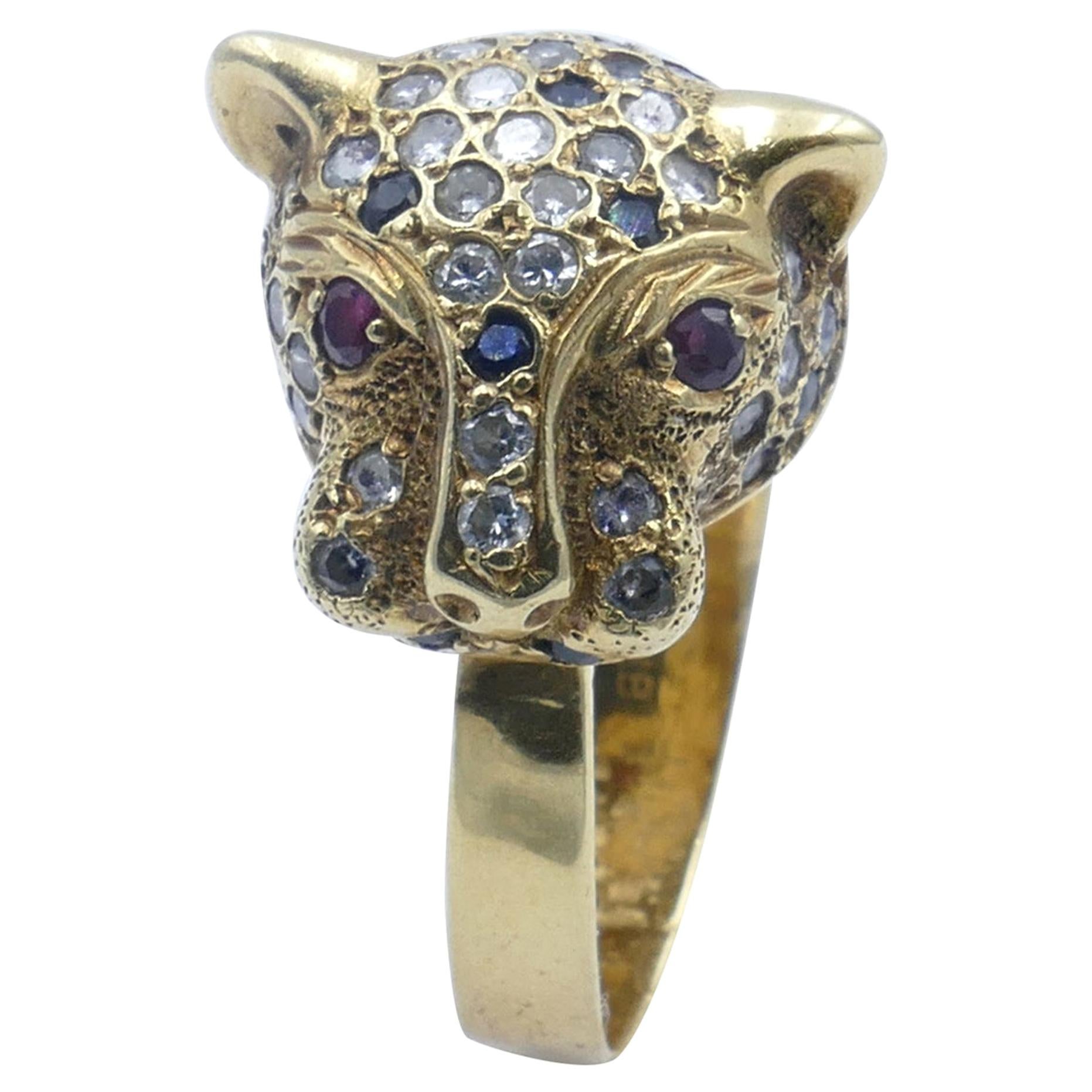 18ct Yellow Gold Sapphire Ruby & Diamond "Panther" Ring For Sale