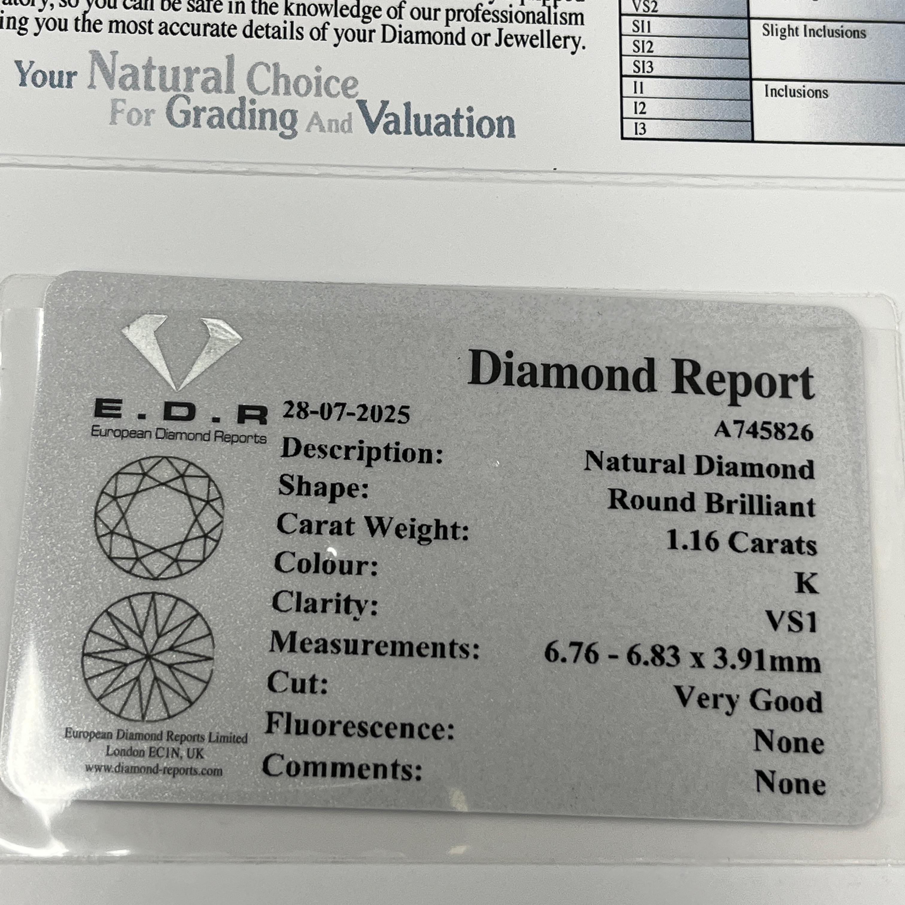 Anello solitario in oro giallo 18 ct con diamante naturale da 1,16 ct K/VS1 in vendita 3