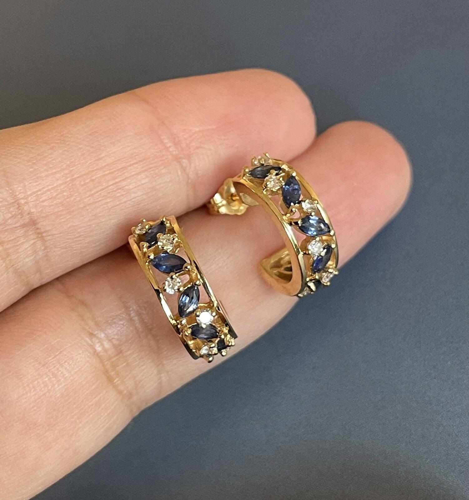18ct Yellow Gold Solitaire Diamond Sapphire Earrings 6g Half Hoop Studs Hoops In New Condition For Sale In Ilford, GB