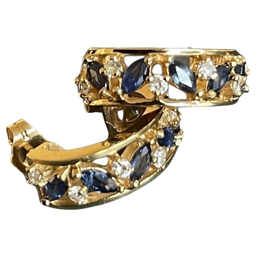 Boucles d'oreilles demi-créoles solitaires en or jaune 18 carats avec diamants et saphirs 6 g