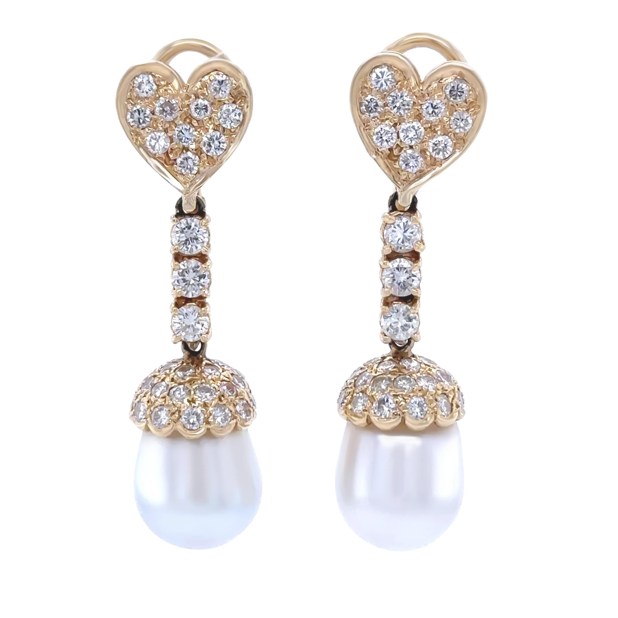 Orecchini a goccia in oro giallo 18ct con perle dei mari del sud e diamanti 1,80ct In condizioni ottime in vendita a SYDNEY, NSW