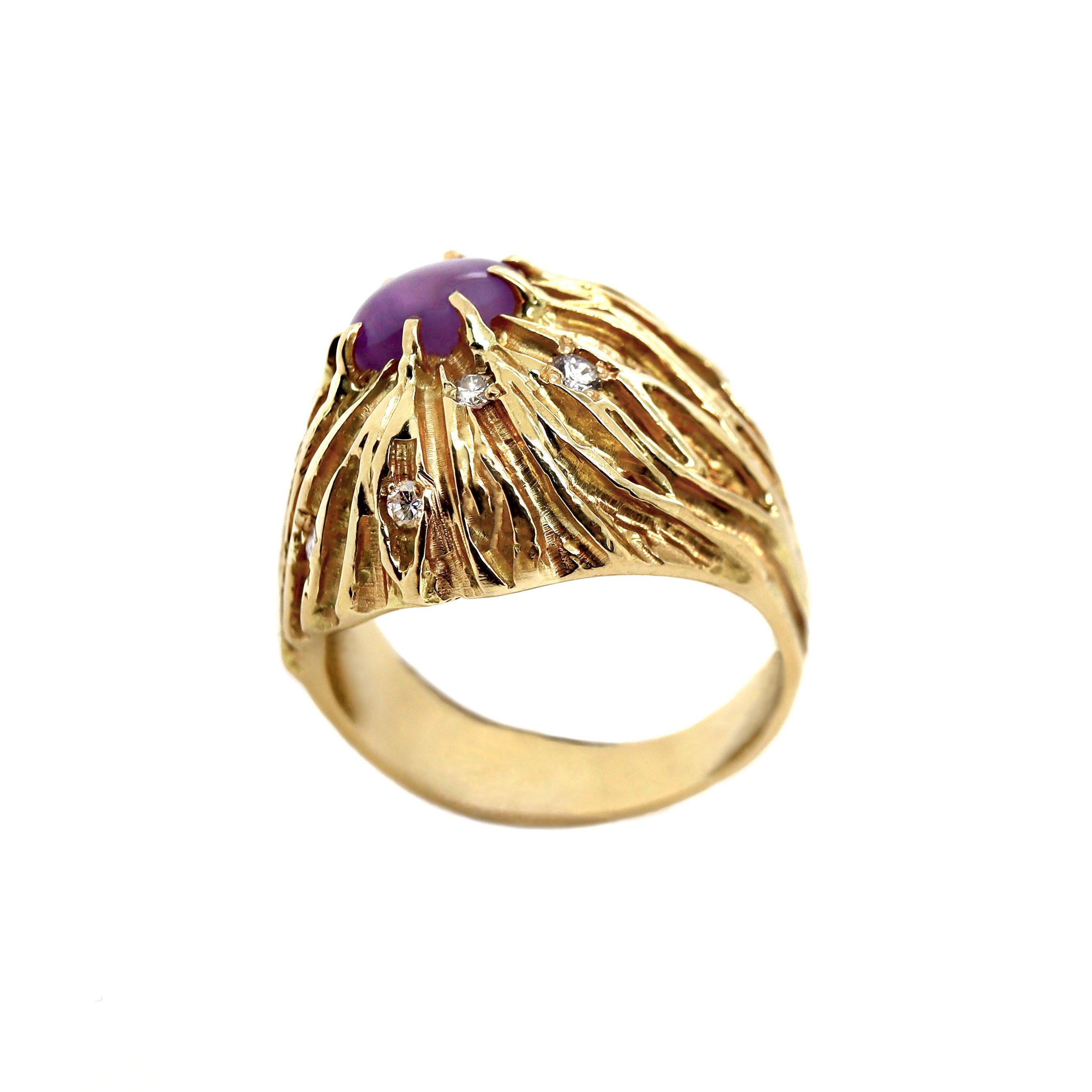 Cabochon 18CT Yellow Gold Star Ruby And Diamond Cocktail Ring For Sale