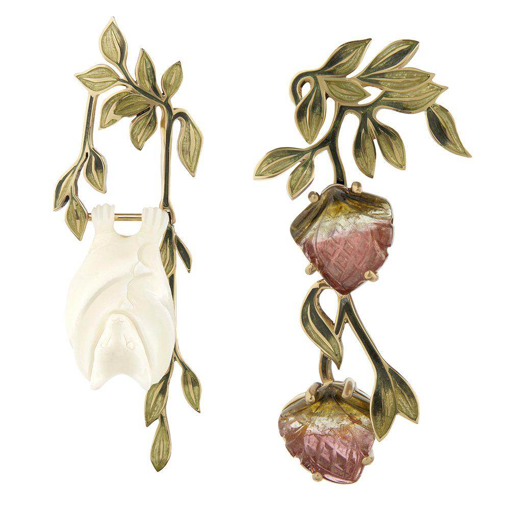 18ct Yellow Gold, Tourmaline, Enamel and Carved Bone Fruit Bat Earrings For Sale