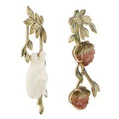 18ct Yellow Gold, Tourmaline, Enamel and Carved Bone Fruit Bat Earrings