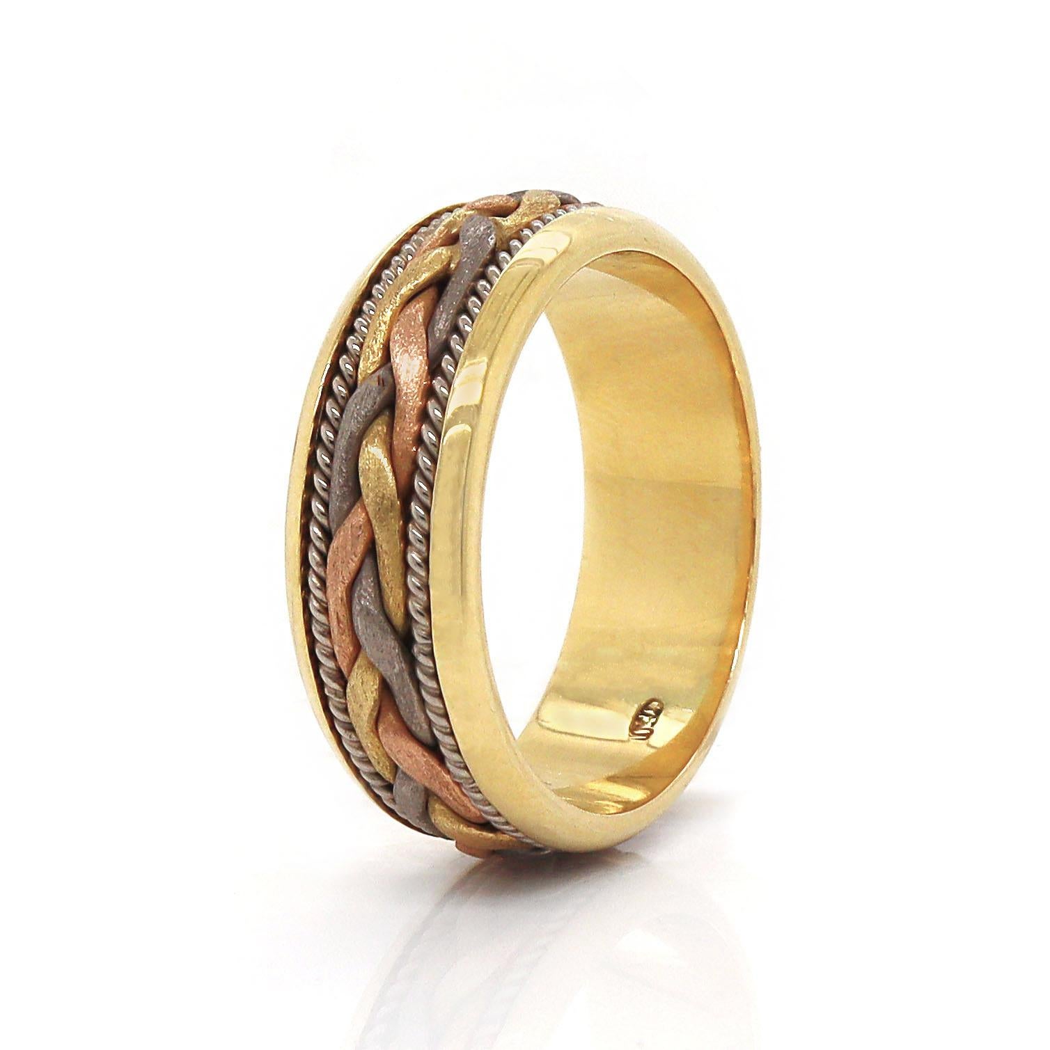 18CT Tri Tone Gold Gents Knot Ring

This 18ct yellow gold gents tri-tone knot ring is a stunning and intricate piece of jewelry that combines the elegance of three different gold tones of yellow, rose, and white, creating a harmonious and