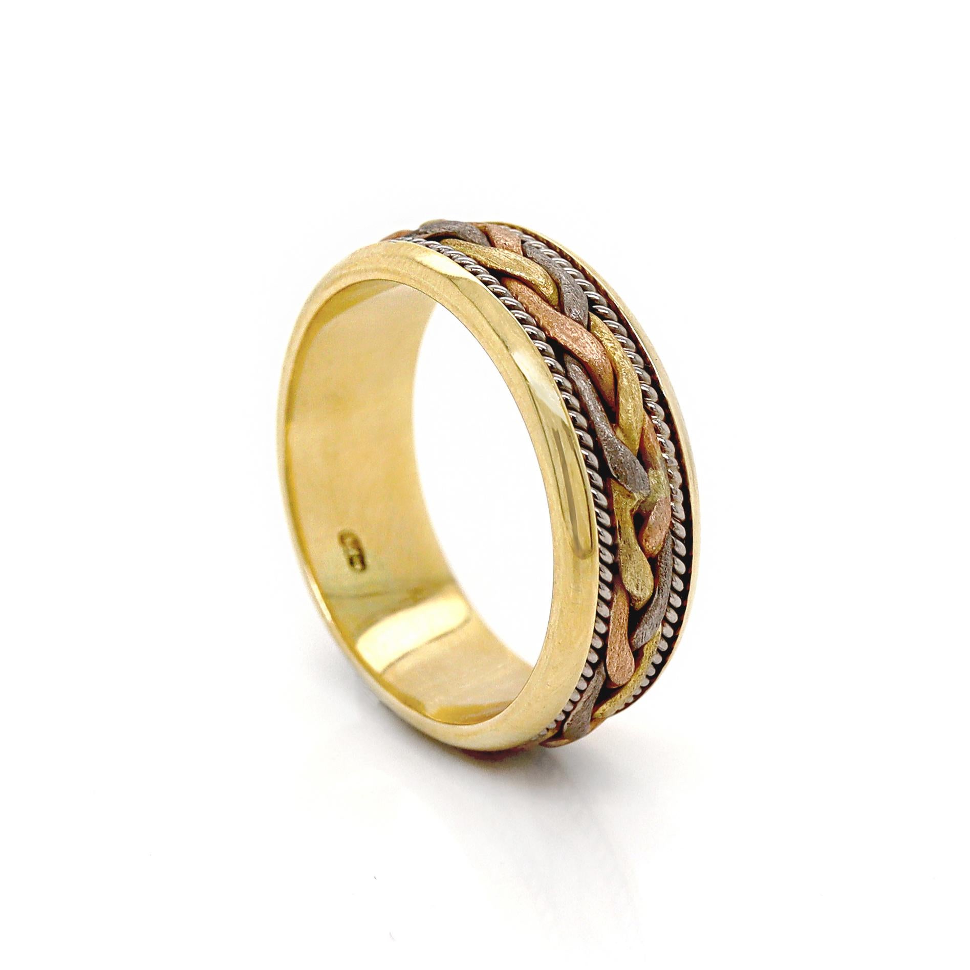 18CT Yellow Gold Tri Color Gents Knot Ring For Sale 1