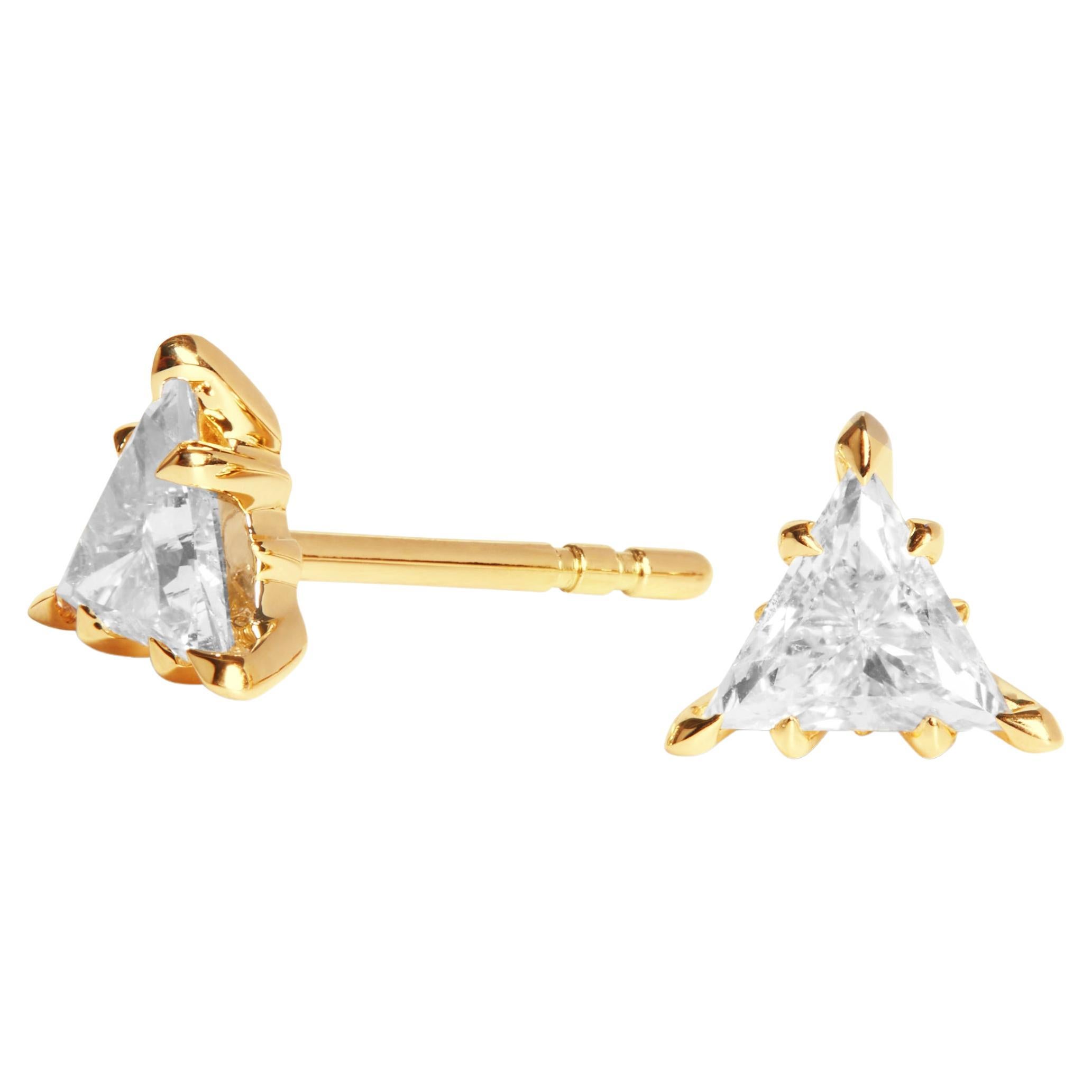 18ct Yellow Gold & Trillion Diamond Stud Earrings For Sale