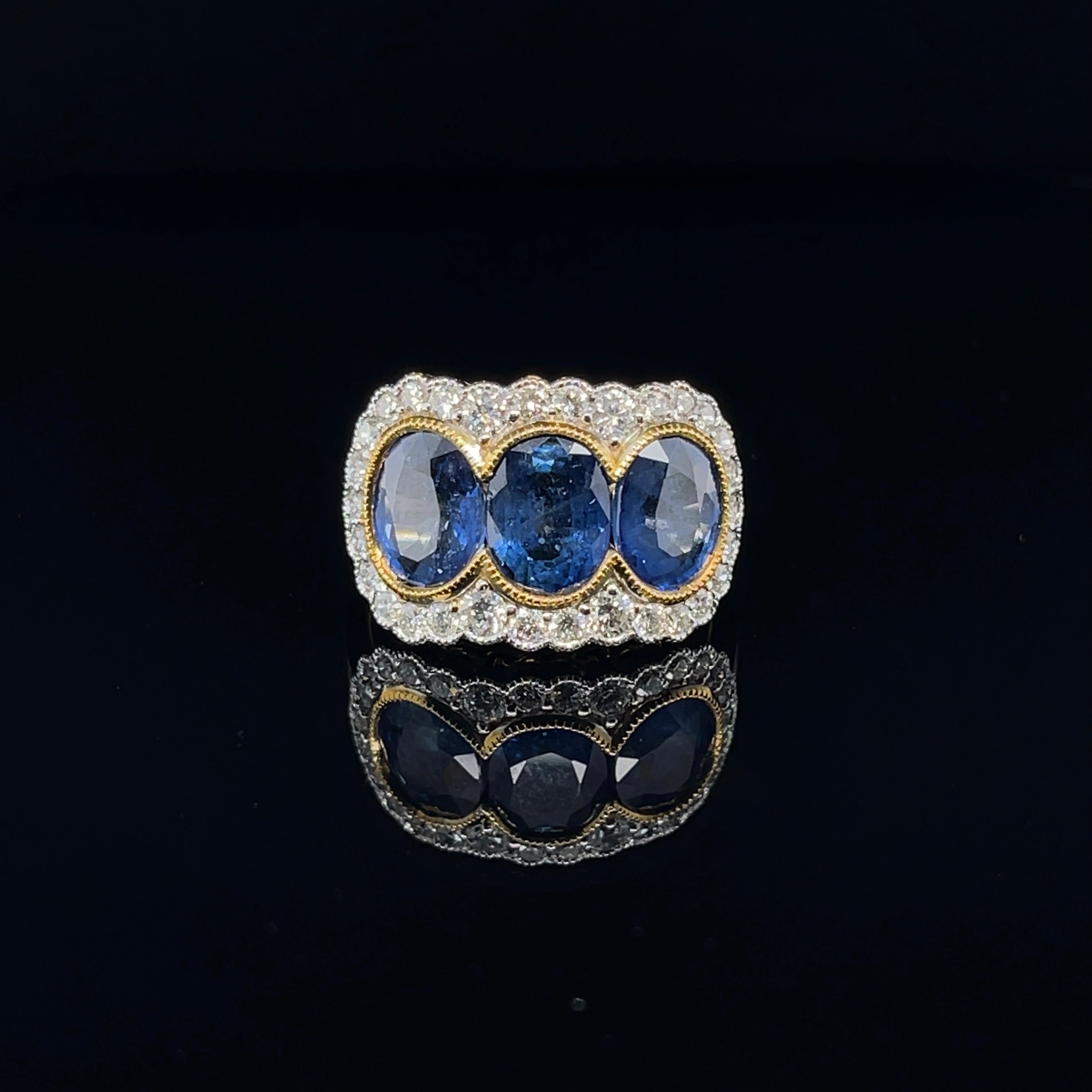 For Sale:  18ct Yellow Gold Trilogy Blue Sapphire and Diamond Ring 6