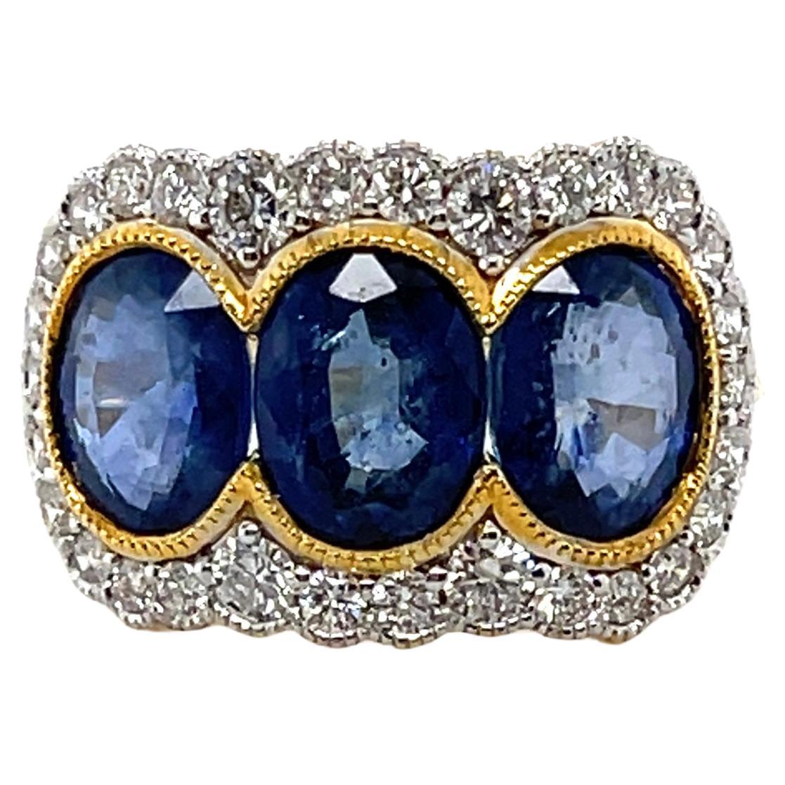 For Sale:  18ct Yellow Gold Trilogy Blue Sapphire and Diamond Ring