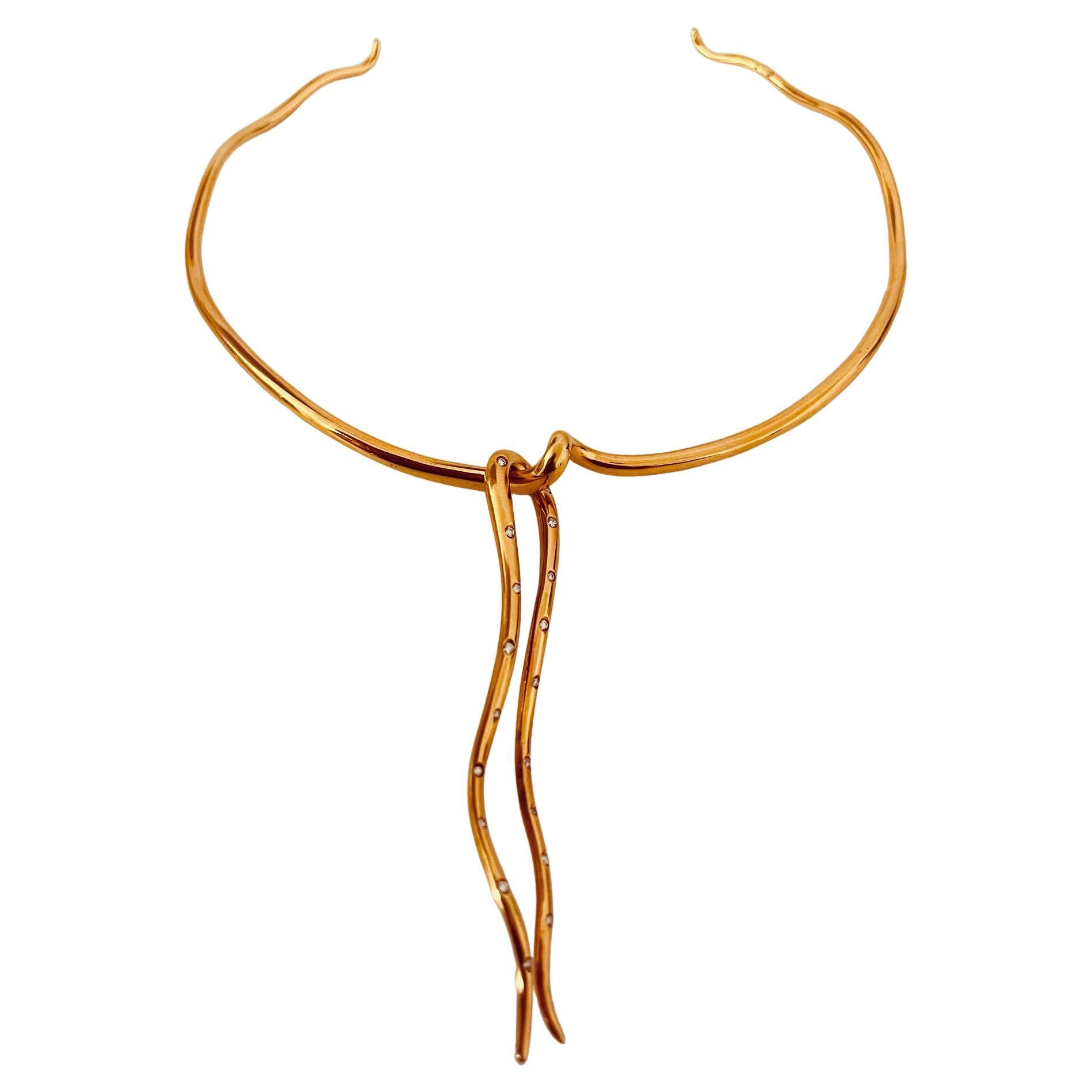 18ct Yellow Gold Undulating Choker With A 0.2ct Diamond Set Abstract Pendant For Sale