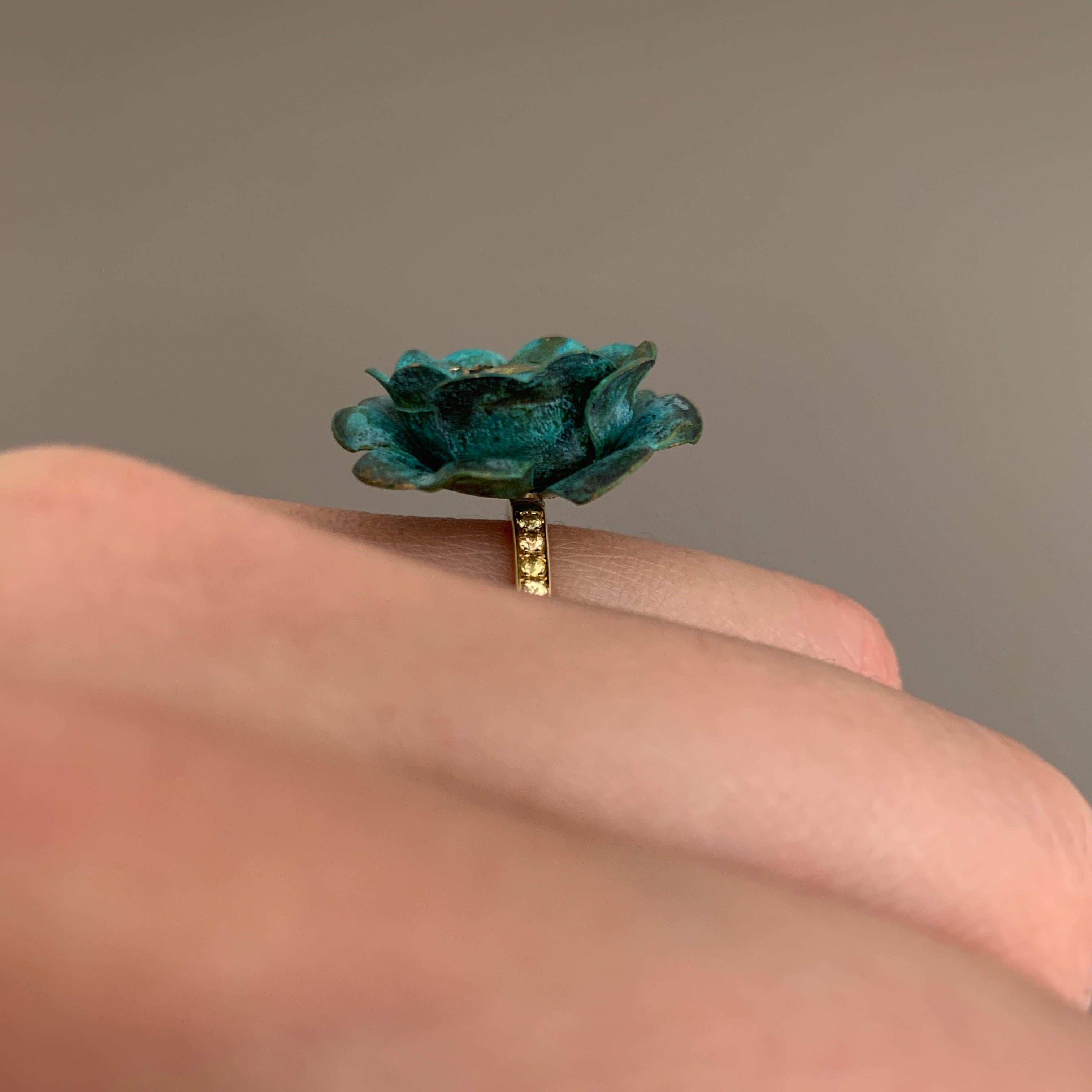 18ct Yellow Gold, Verdigris Brass, Rhodium and Yellow Sapphire Rose Flower Ring For Sale 5