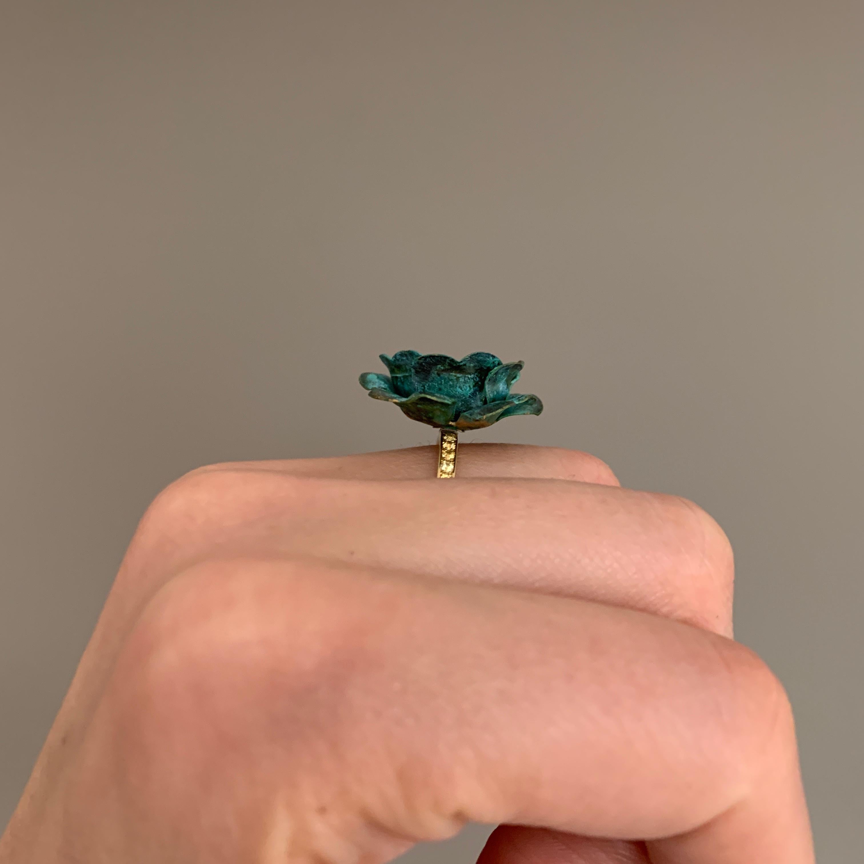 18ct Yellow Gold, Verdigris Brass, Rhodium and Yellow Sapphire Rose Flower Ring For Sale 6