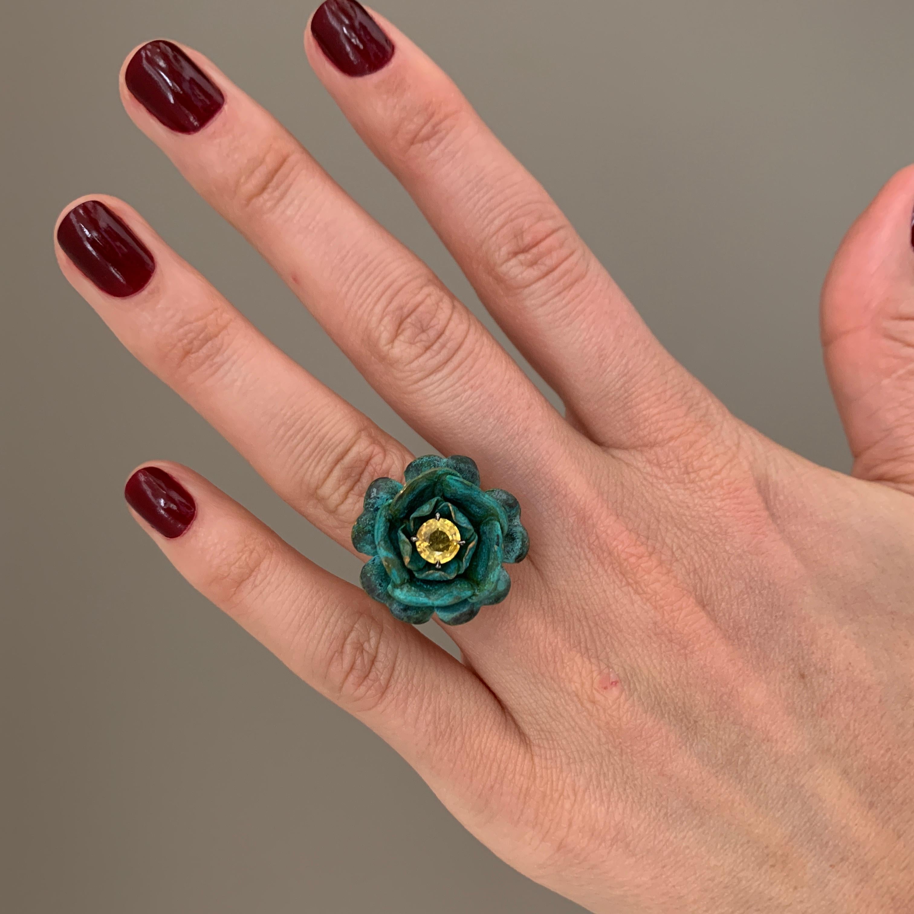 18ct Yellow Gold, Verdigris Brass, Rhodium and Yellow Sapphire Rose Flower Ring For Sale 7