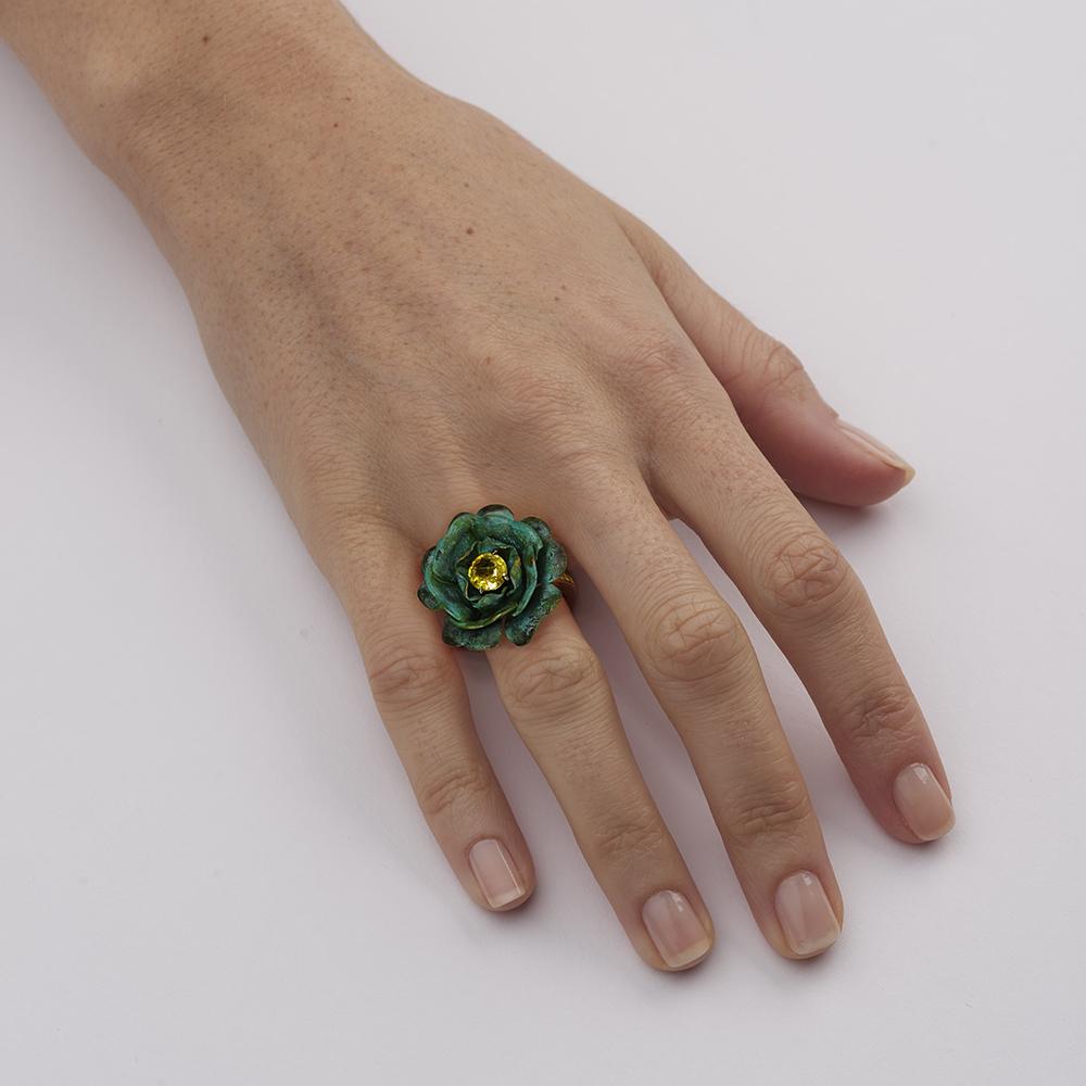 Contemporary 18ct Yellow Gold, Verdigris Brass, Rhodium and Yellow Sapphire Rose Flower Ring For Sale