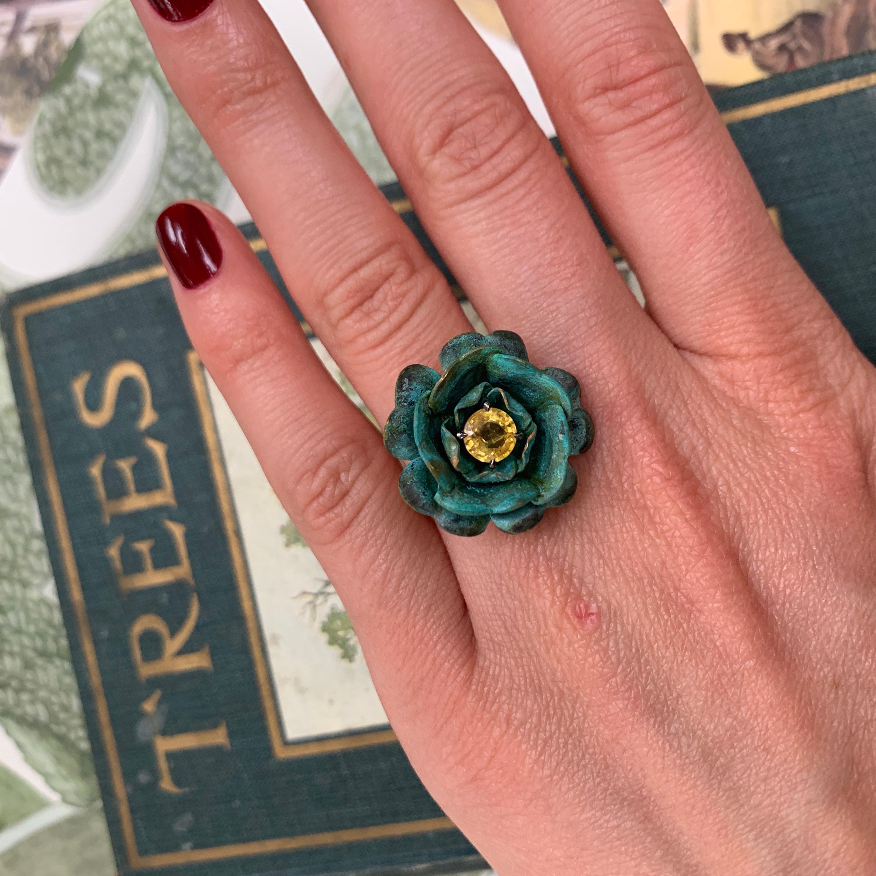 18ct Yellow Gold, Verdigris Brass, Rhodium and Yellow Sapphire Rose Flower Ring In New Condition For Sale In London, GB
