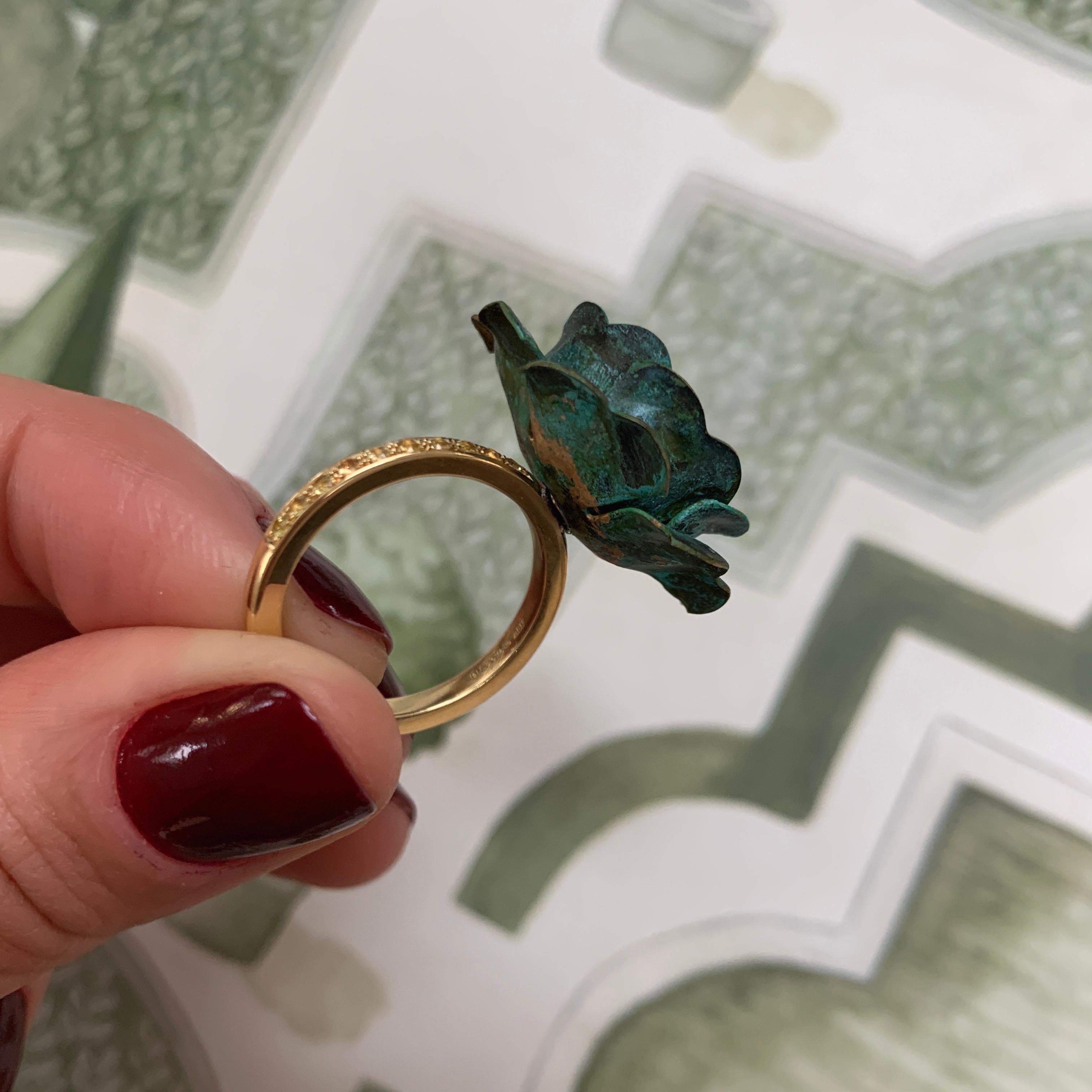 18ct Yellow Gold, Verdigris Brass, Rhodium and Yellow Sapphire Rose Flower Ring For Sale 1