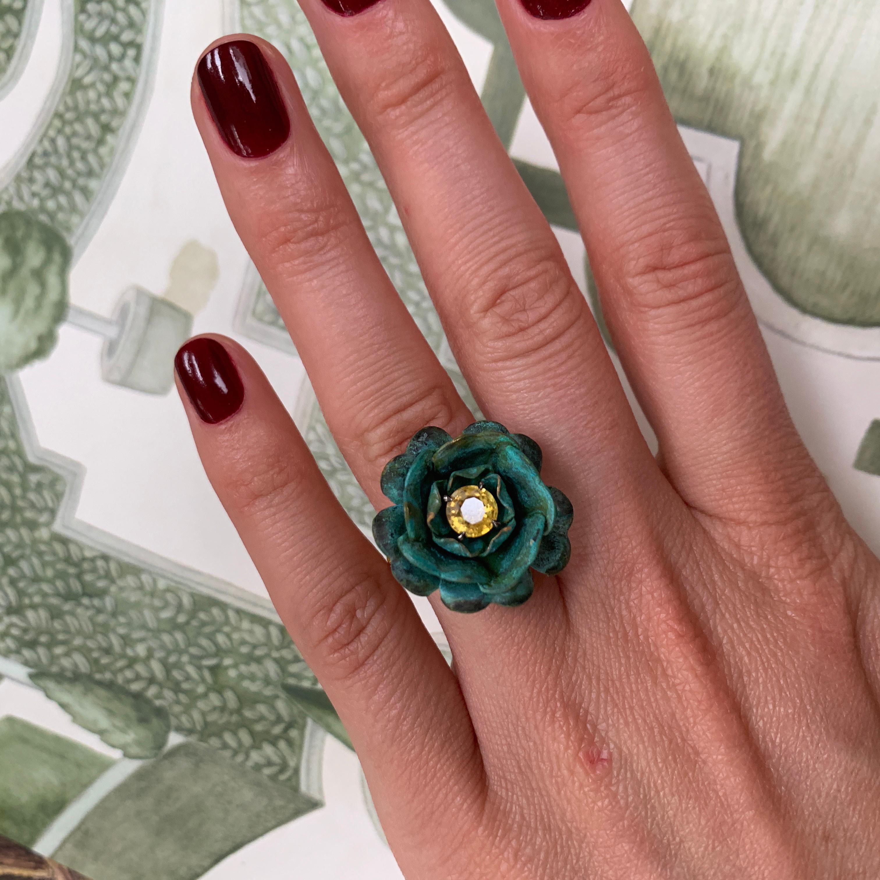 18ct Yellow Gold, Verdigris Brass, Rhodium and Yellow Sapphire Rose Flower Ring For Sale 2