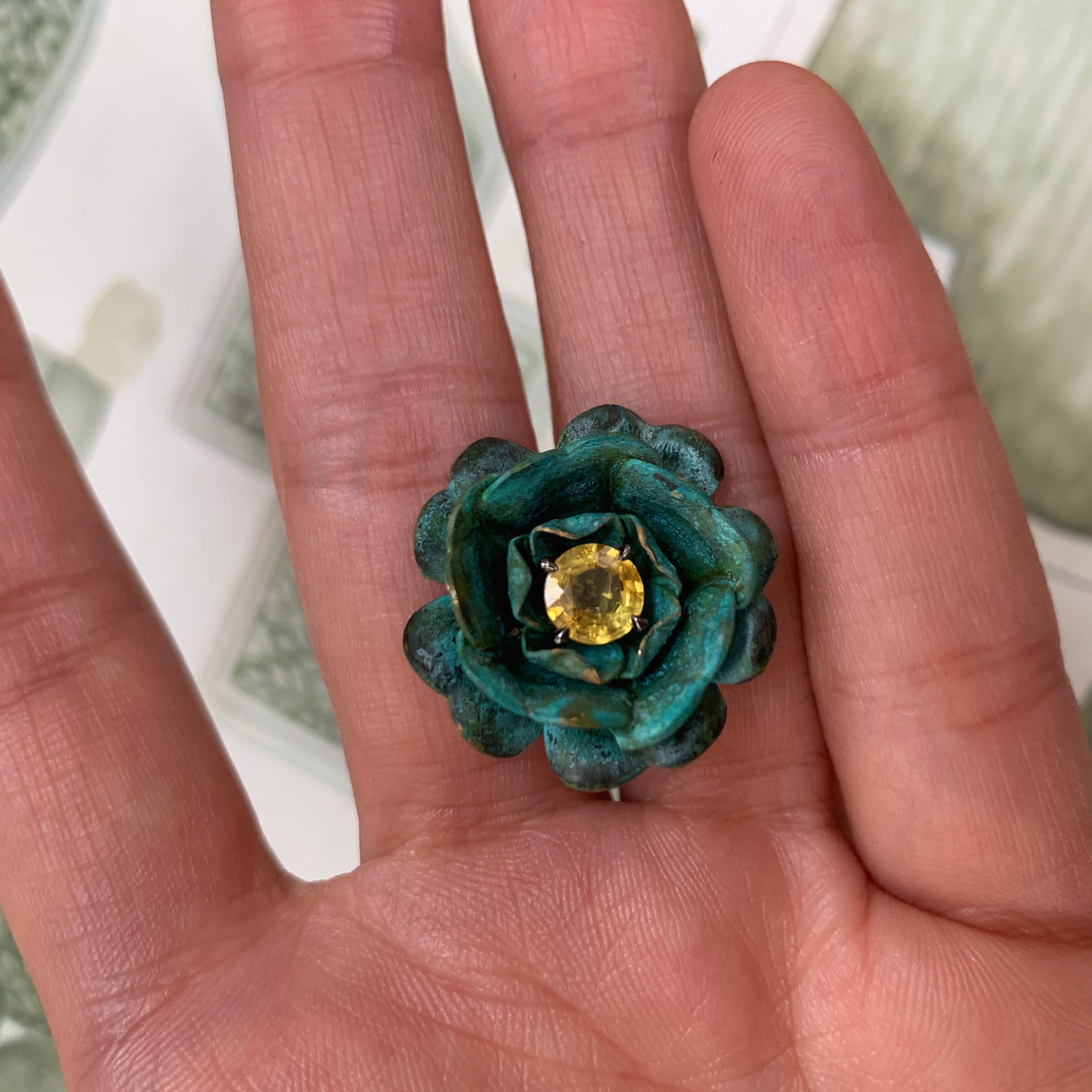18ct Yellow Gold, Verdigris Brass, Rhodium and Yellow Sapphire Rose Flower Ring For Sale 3