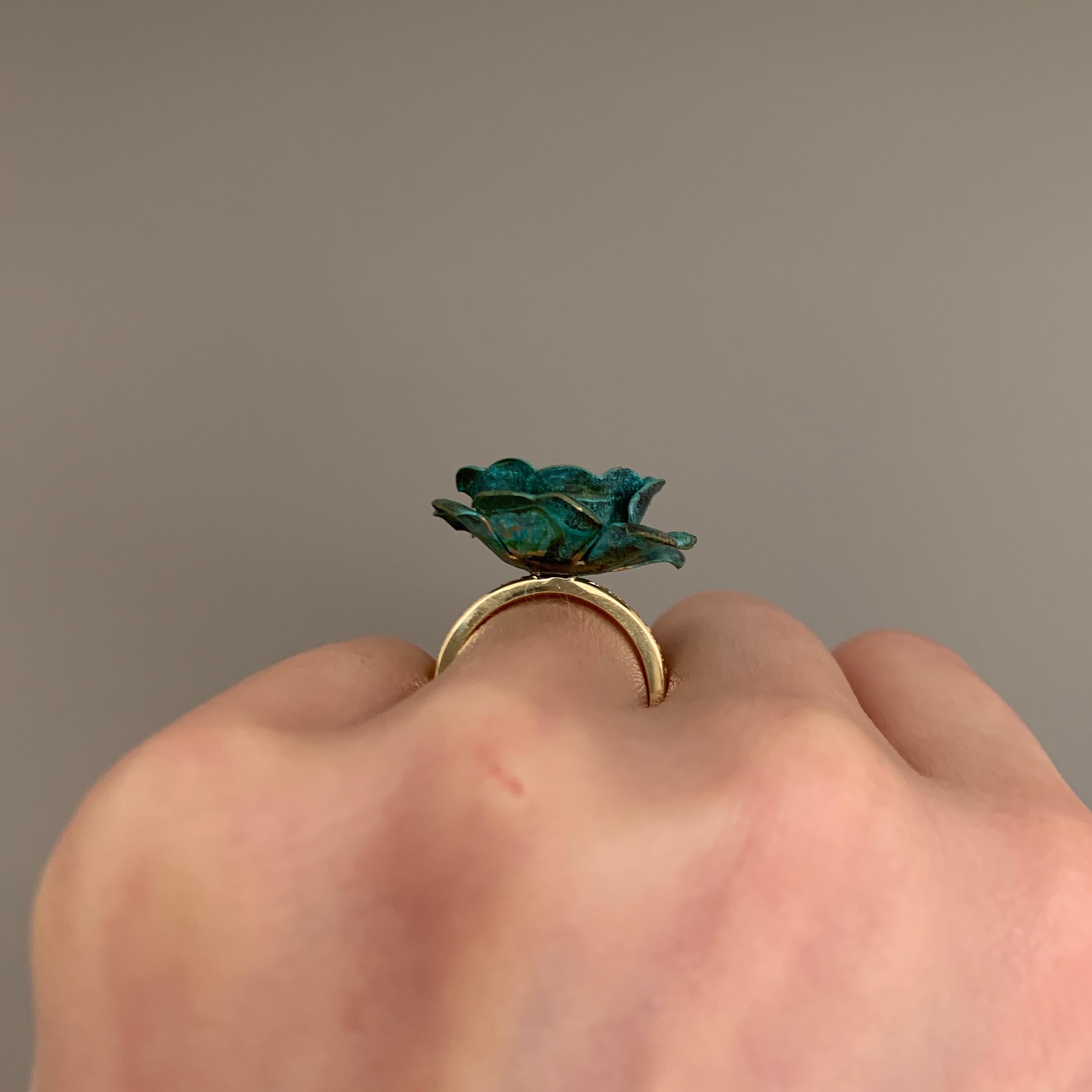 18ct Yellow Gold, Verdigris Brass, Rhodium and Yellow Sapphire Rose Flower Ring For Sale 4