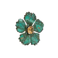Blumenohrringe aus 18 Karat Gold, Verdigris-Messing, Rhodium, Emaille und Citrin