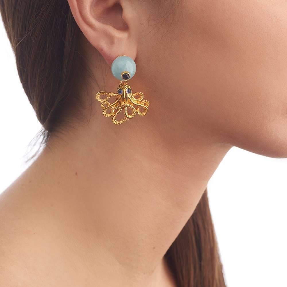 Contemporary 18ct Yellow Gold Vermeil, Aquamarine and Iolite Octopus 'Positano' Earrings For Sale