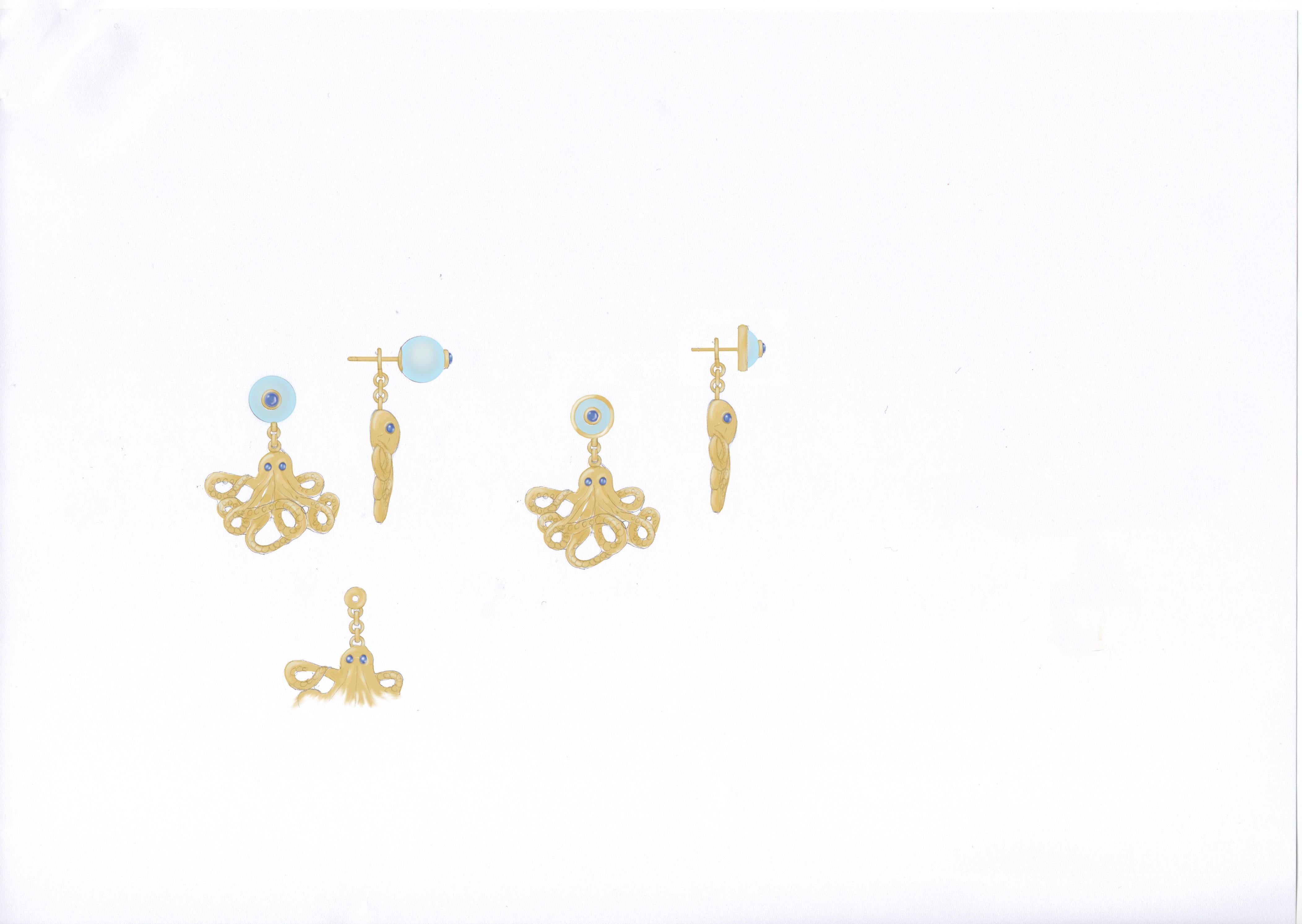 18ct Yellow Gold Vermeil, Aquamarine and Iolite Octopus 'Positano' Earrings For Sale 3