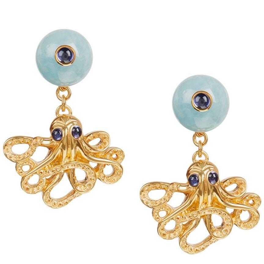 18ct Yellow Gold Vermeil, Aquamarine and Iolite Octopus 'Positano' Earrings For Sale