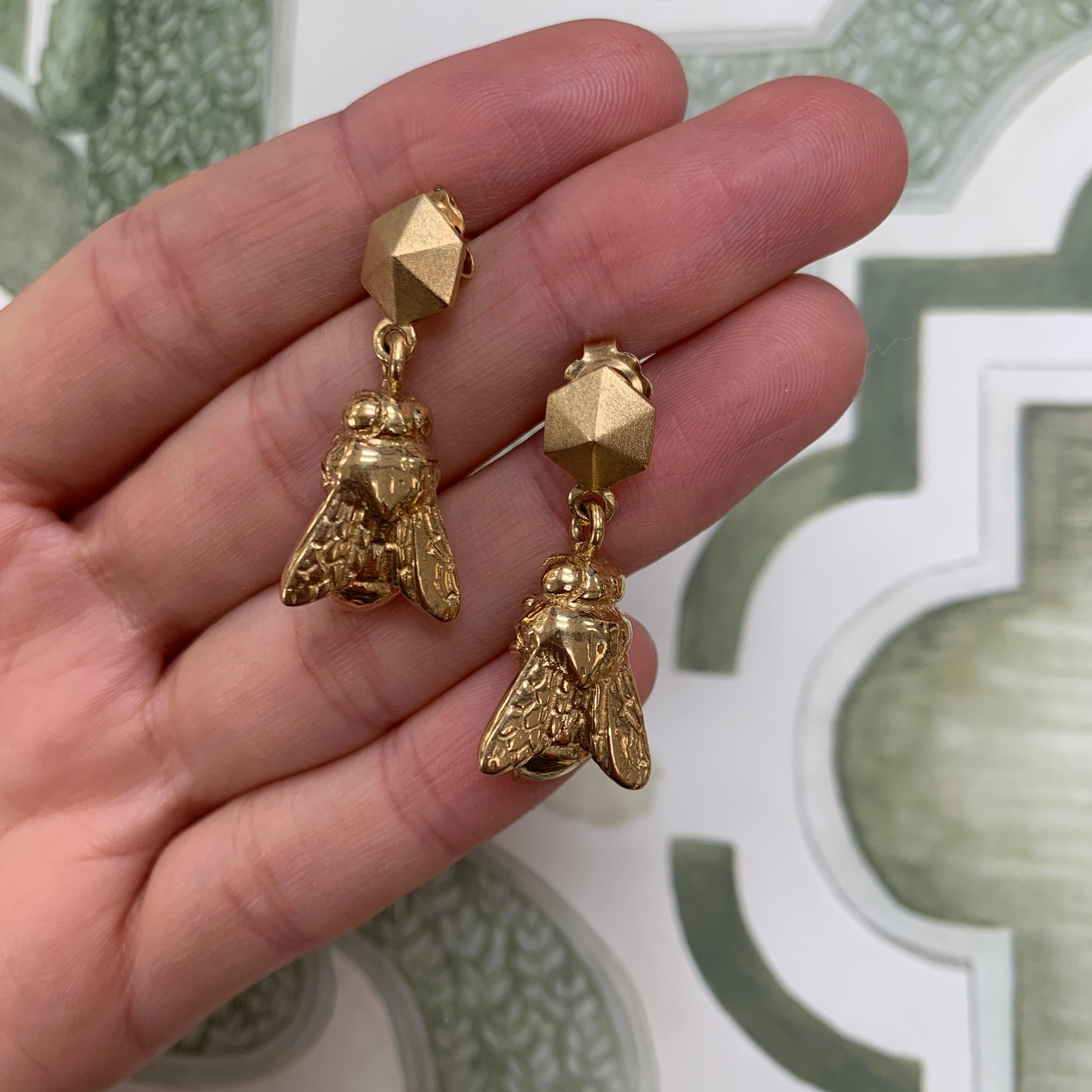 Women's 18 Carat Yellow Gold Vermeil Bee and Honeycomb Earrings For Sale