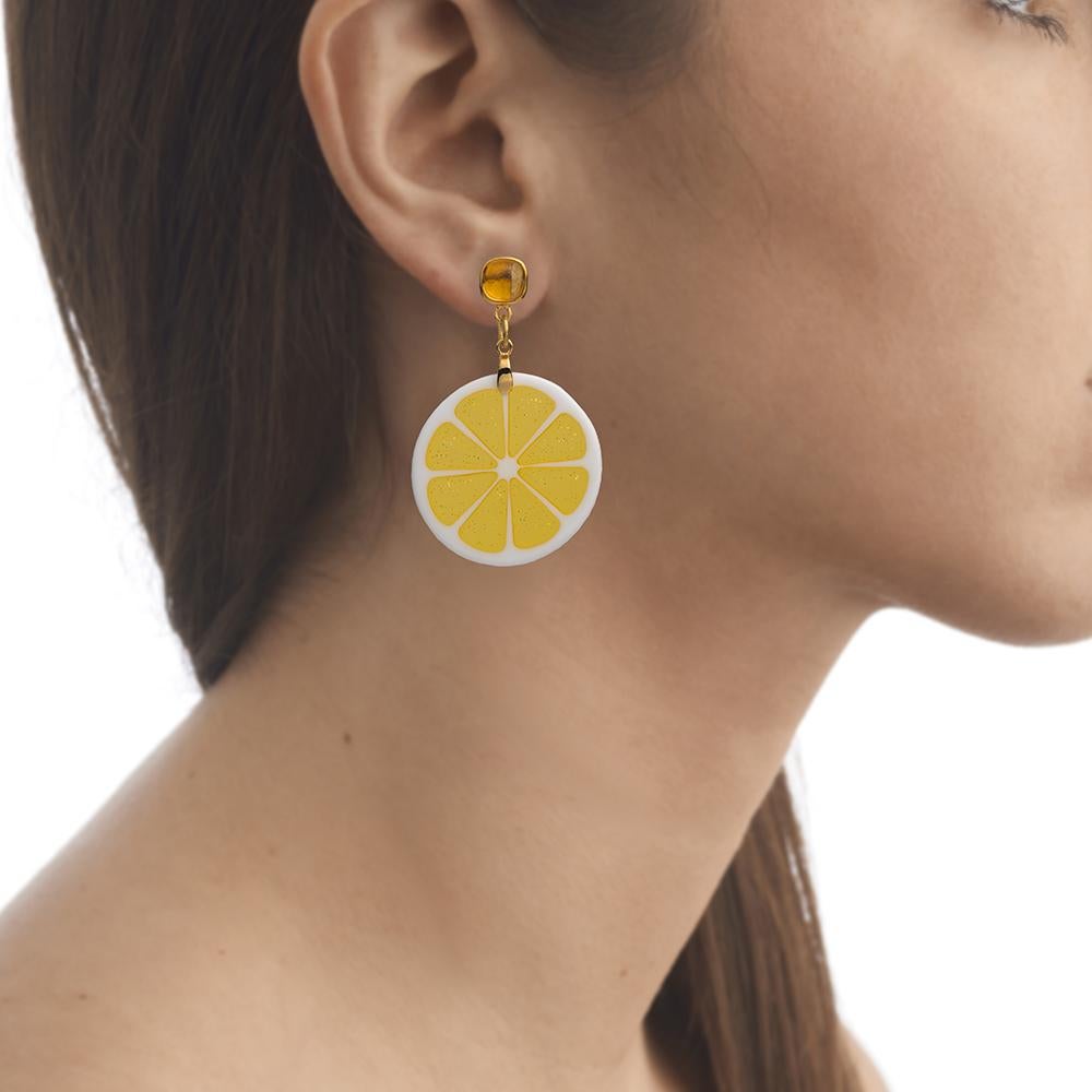 Contemporary 18ct Yellow Gold Vermeil, Brass, Citrine and Resin 'Detox' Lemon Earrings For Sale